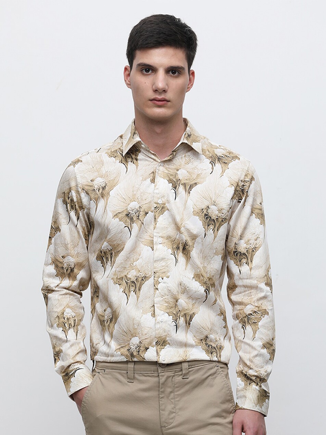 

SELECTED Slim Fit Floral Printed Pure Cotton Casual Shirt, Beige