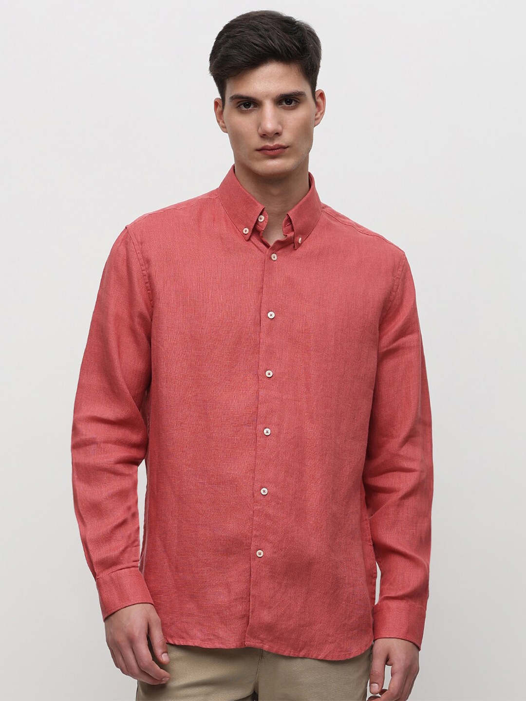 

SELECTED Button-Down Collar Pure Linen Casual Shirt, Red