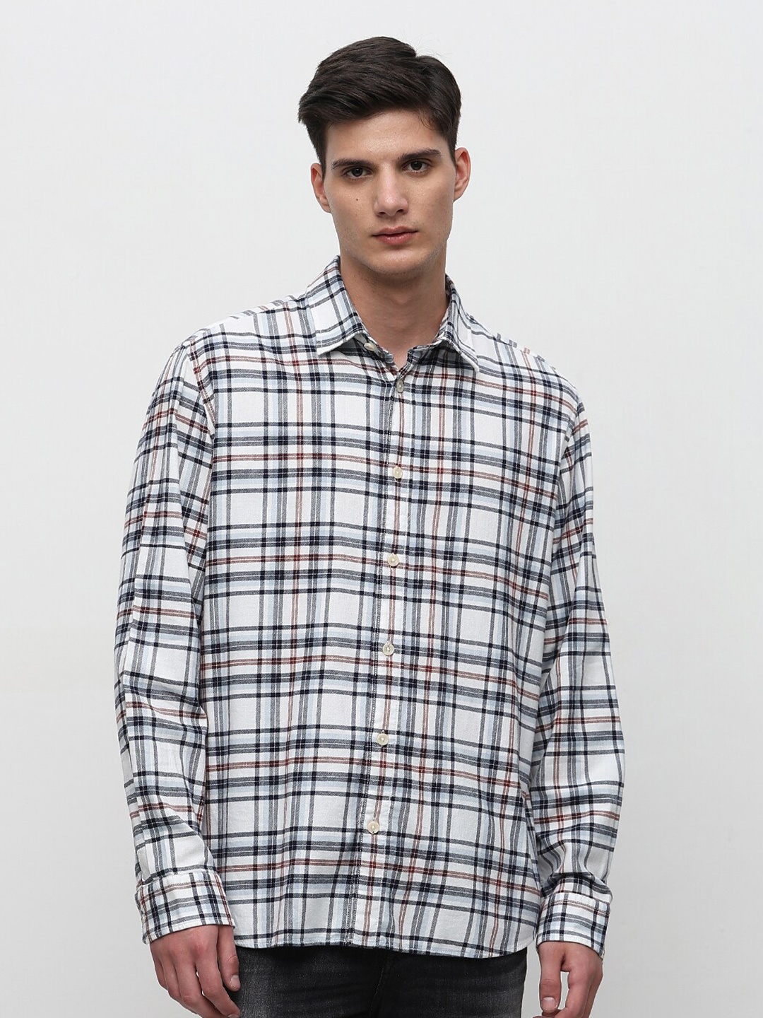 

SELECTED Tartan Checked Pure Cotton Casual Shirt, White