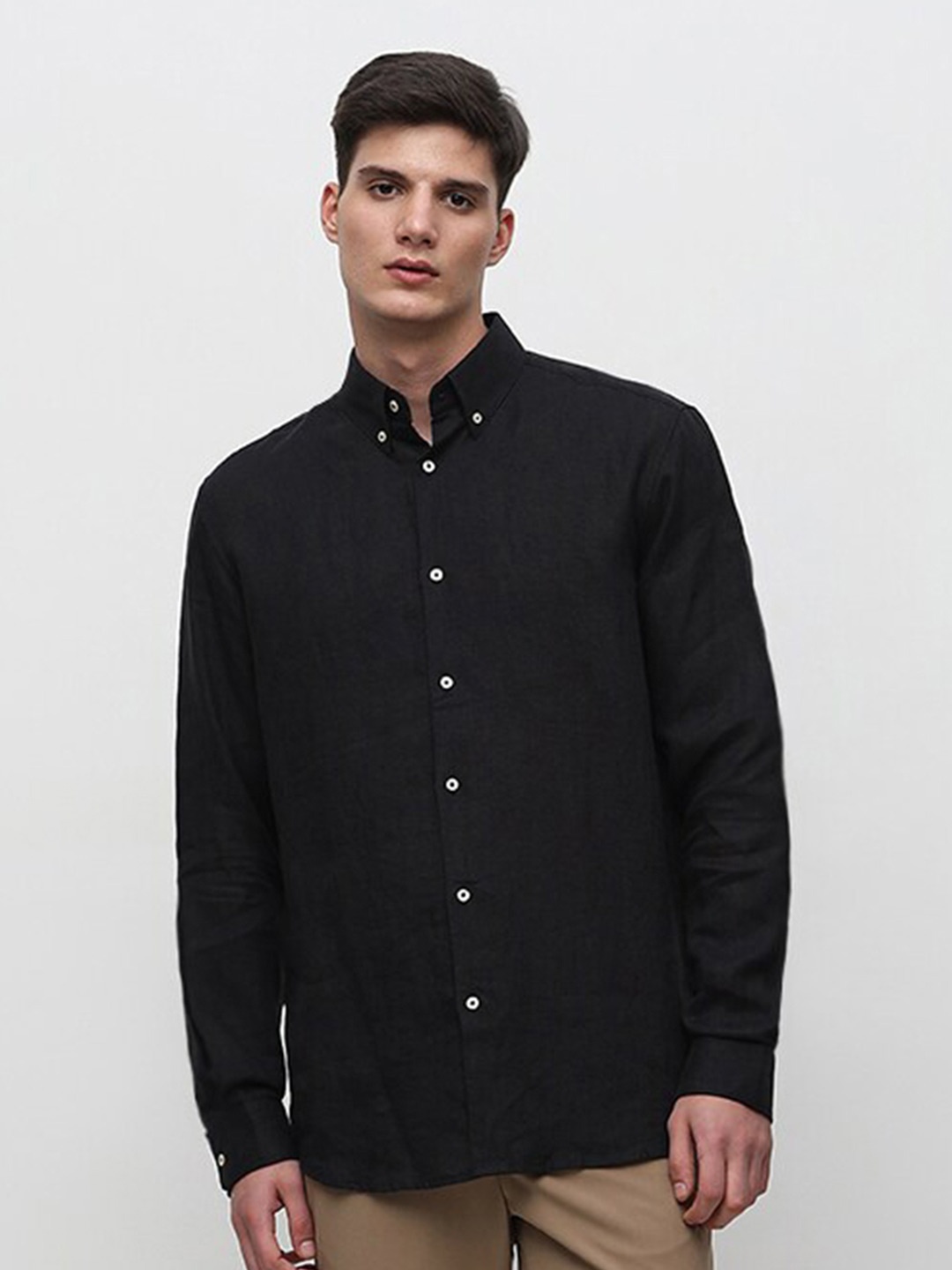

SELECTED Button Down Collar Pure Linen Casual Shirt, Black