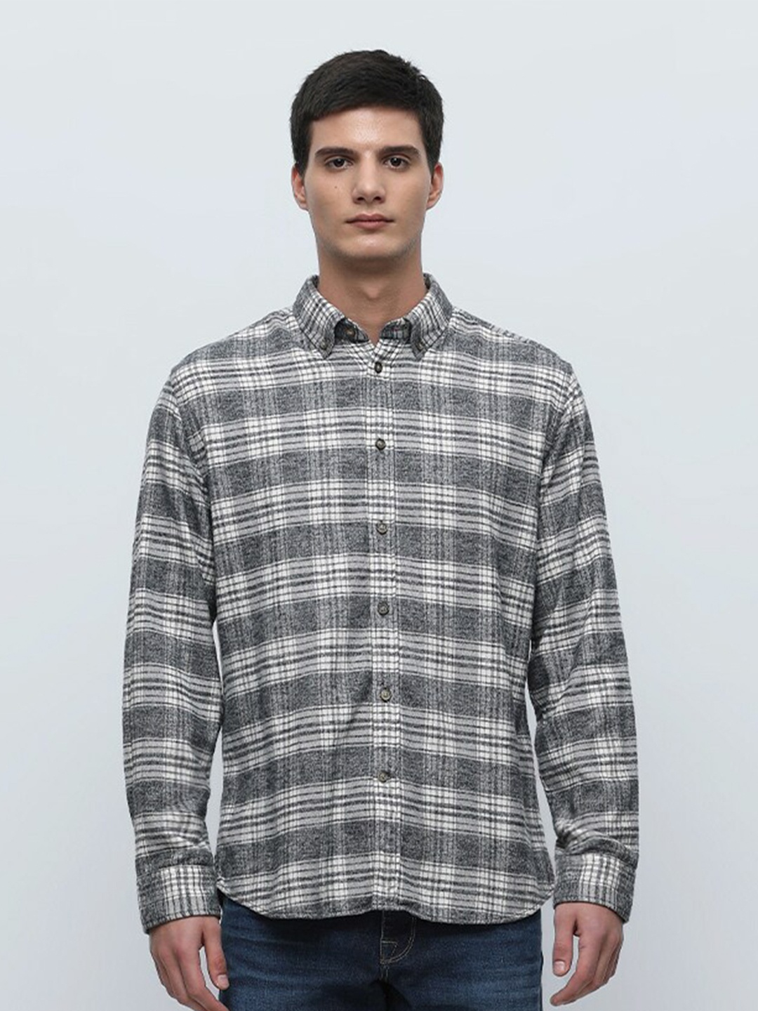 

SELECTED Tartan Checked Button Down Collar Casual Shirt, Grey