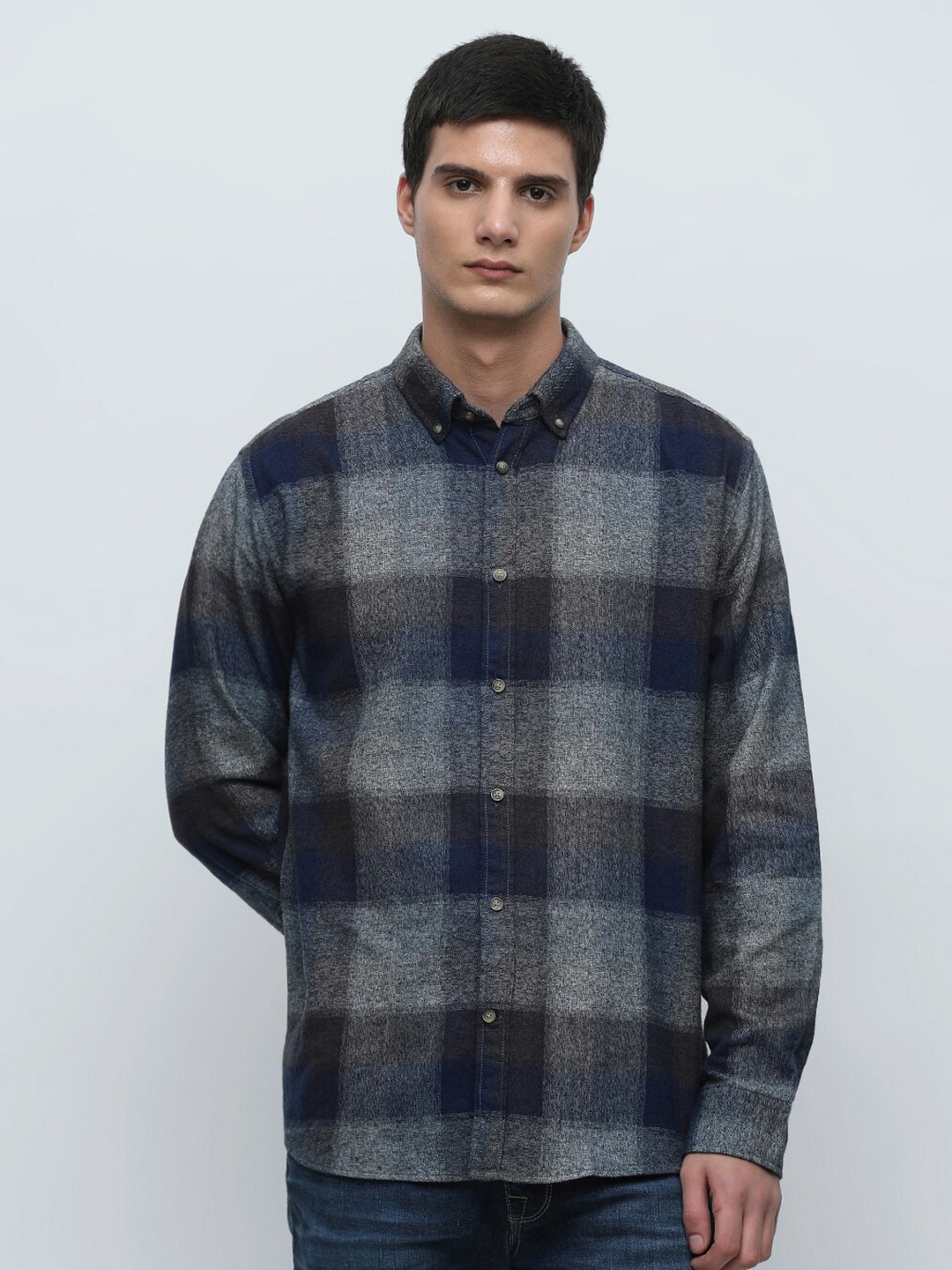 

SELECTED Tartan Checked Button Down Collar Casual Shirt, Blue