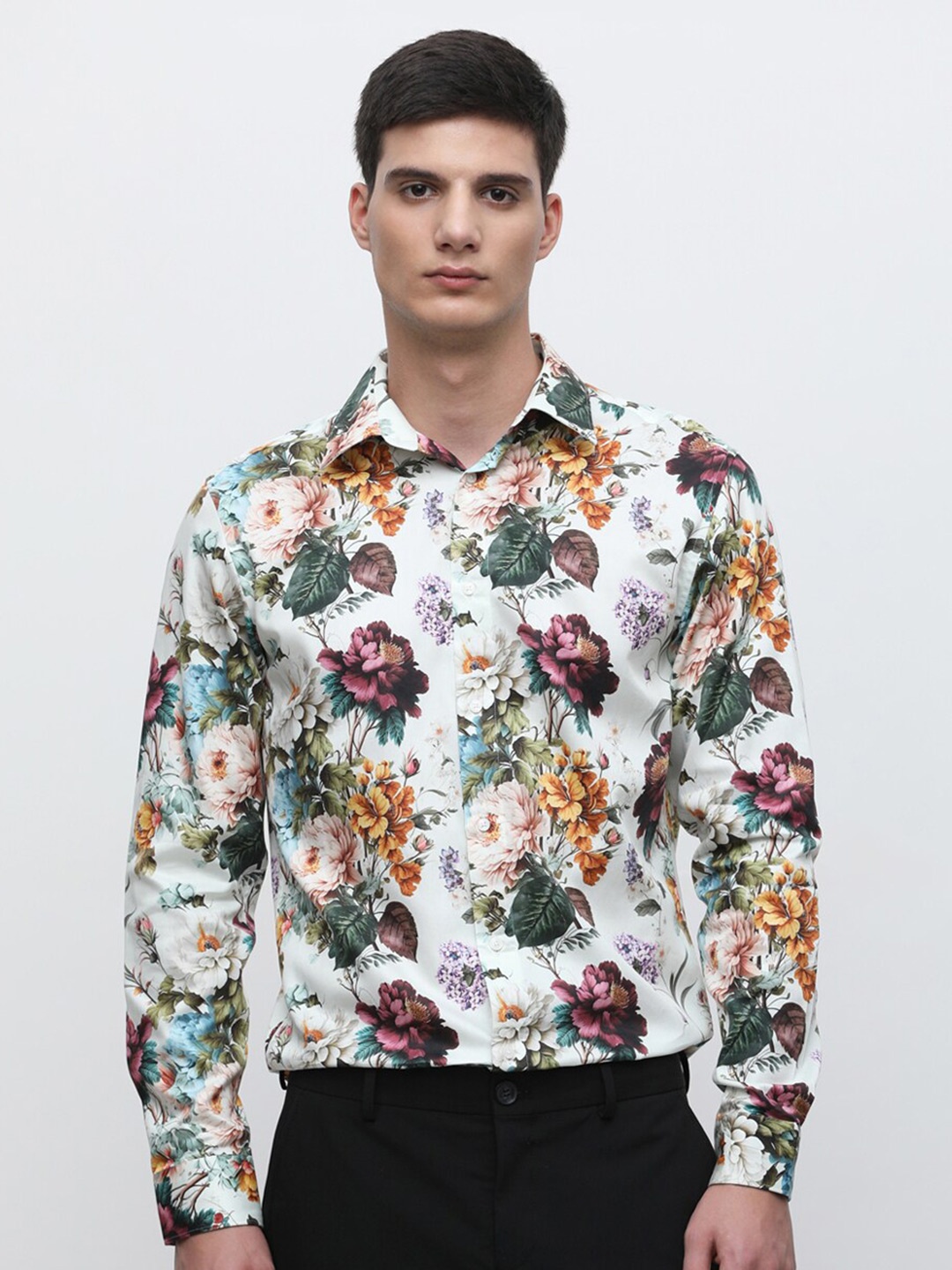 

SELECTED Slim Fit Floral Printed Spread Collar Pure Cotton Casual Shirt, White