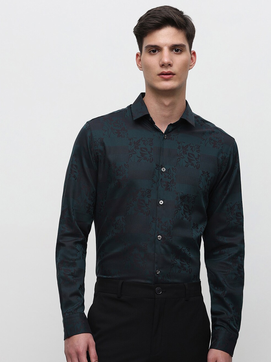 

SELECTED Slim Fit Floral Printed Spread Collar Pure Cotton Casual Shirt, Green