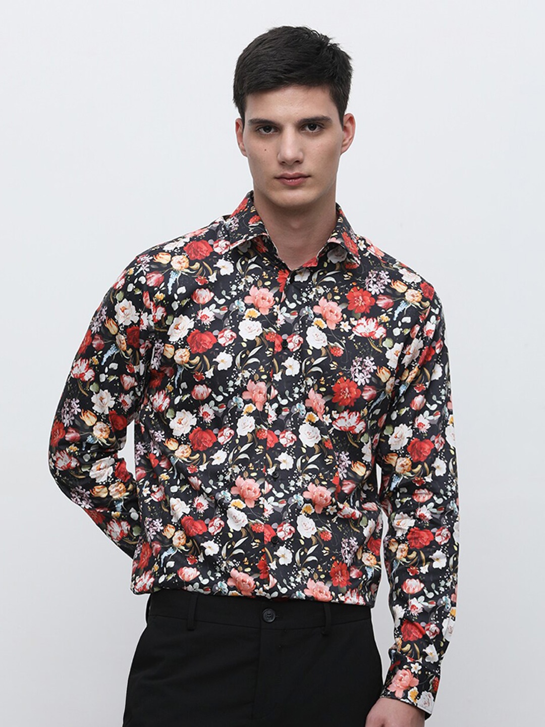 

SELECTED Slim Fit Floral Printed Spread Collar Long Sleeves Cotton Casual Shirt, Black