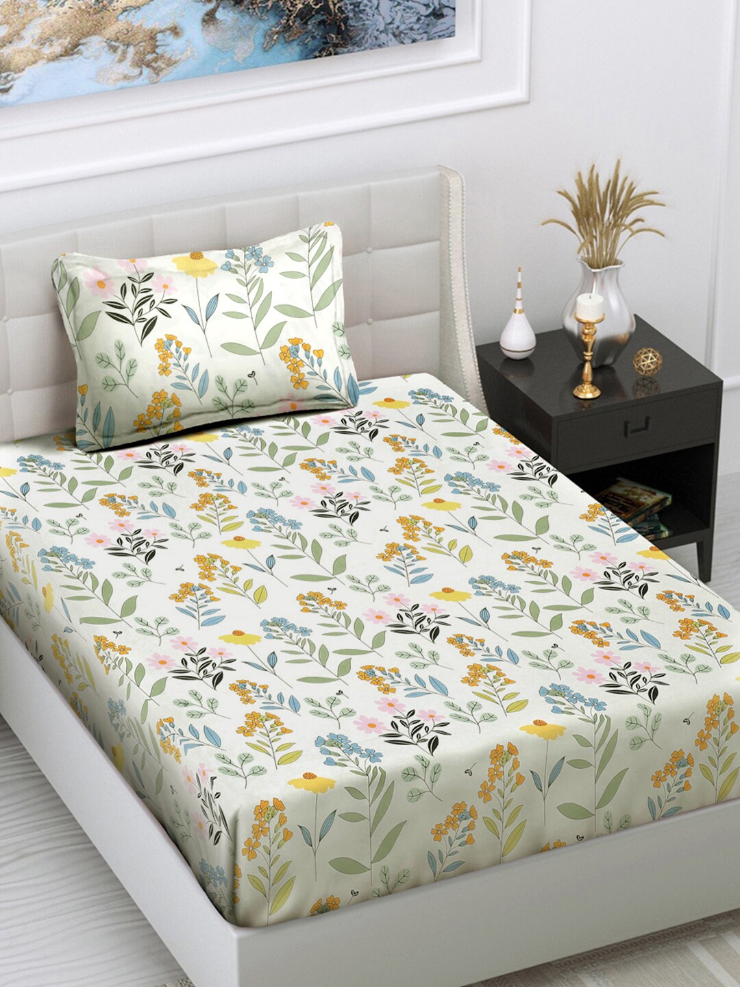 

FABINALIV Off White Floral 300 TC Single Bedsheet with 1 Pillow Cover