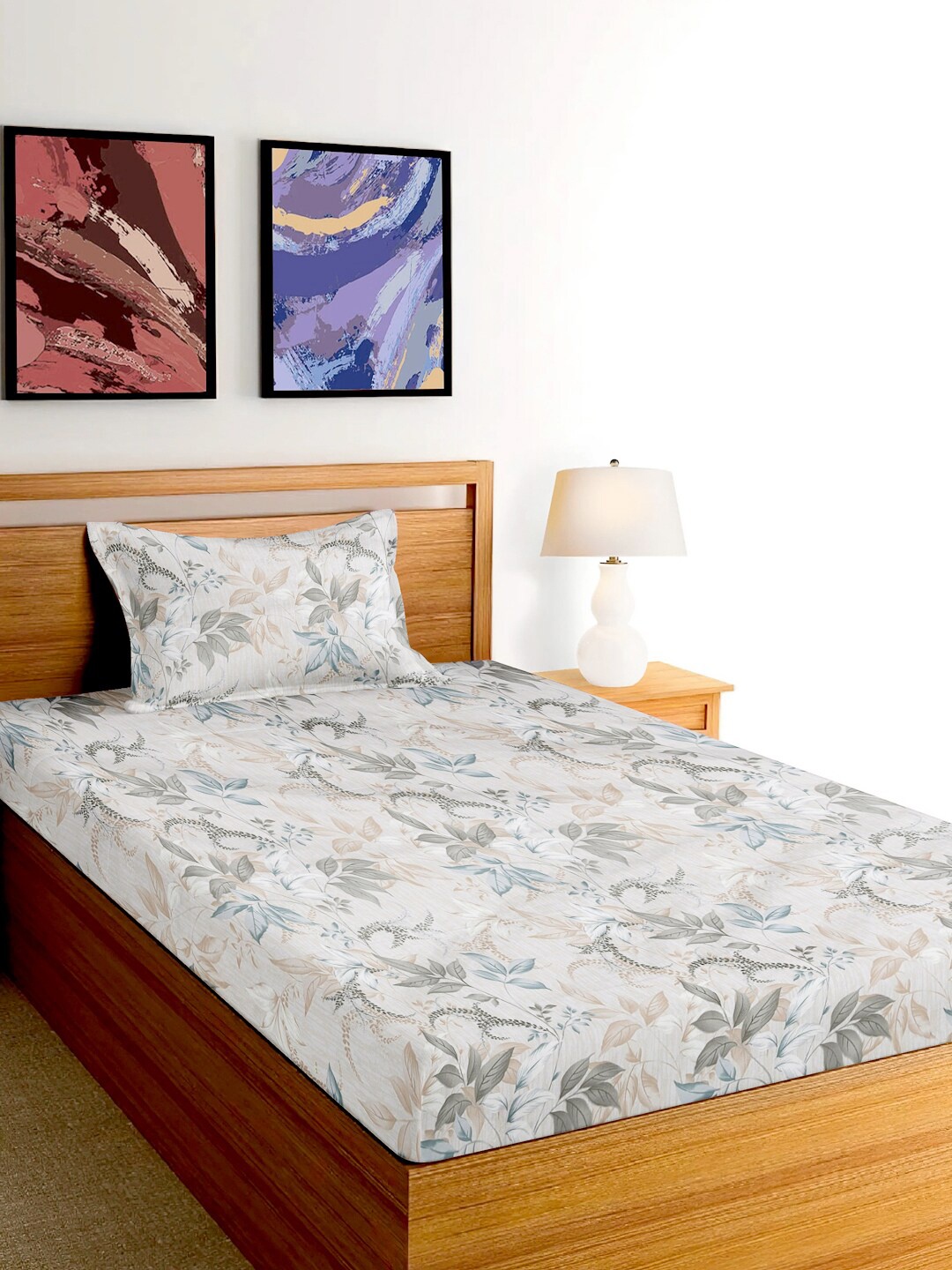 

FABINALIV White Beige Floral Cotton 300 TC Single Bedsheet with 1 Pillow Cover