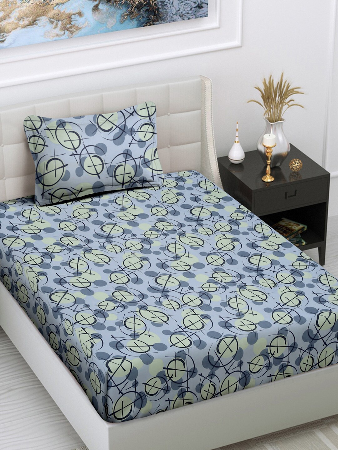 

FABINALIV Blue Abstract 300 TC Single Bedsheet with 1 Pillow Covers