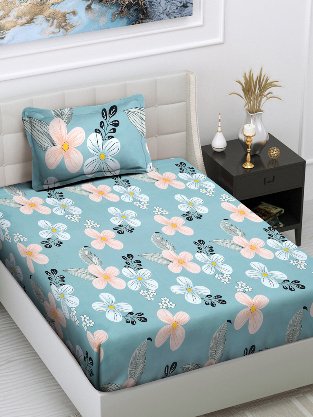 

FABINALIV Blue & Pink Floral 300 TC Single Bedsheet with 1 Pillow Cover