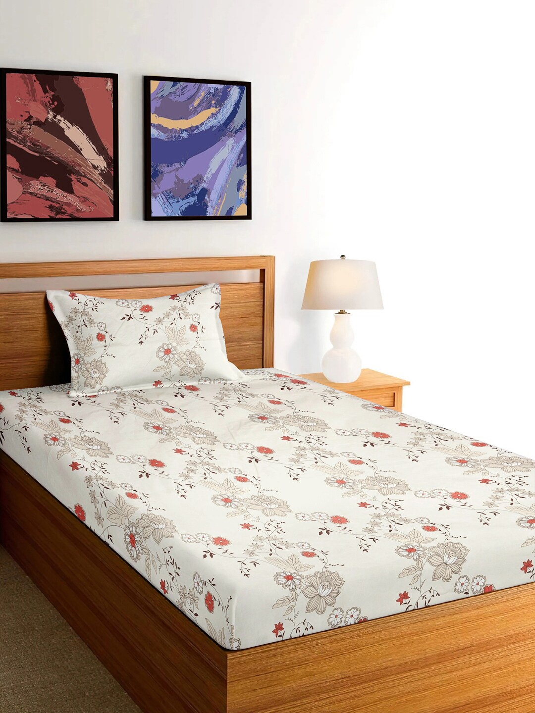 

FABINALIV Off White Floral 300 TC Single Bedsheet with 1 Pillow Cover