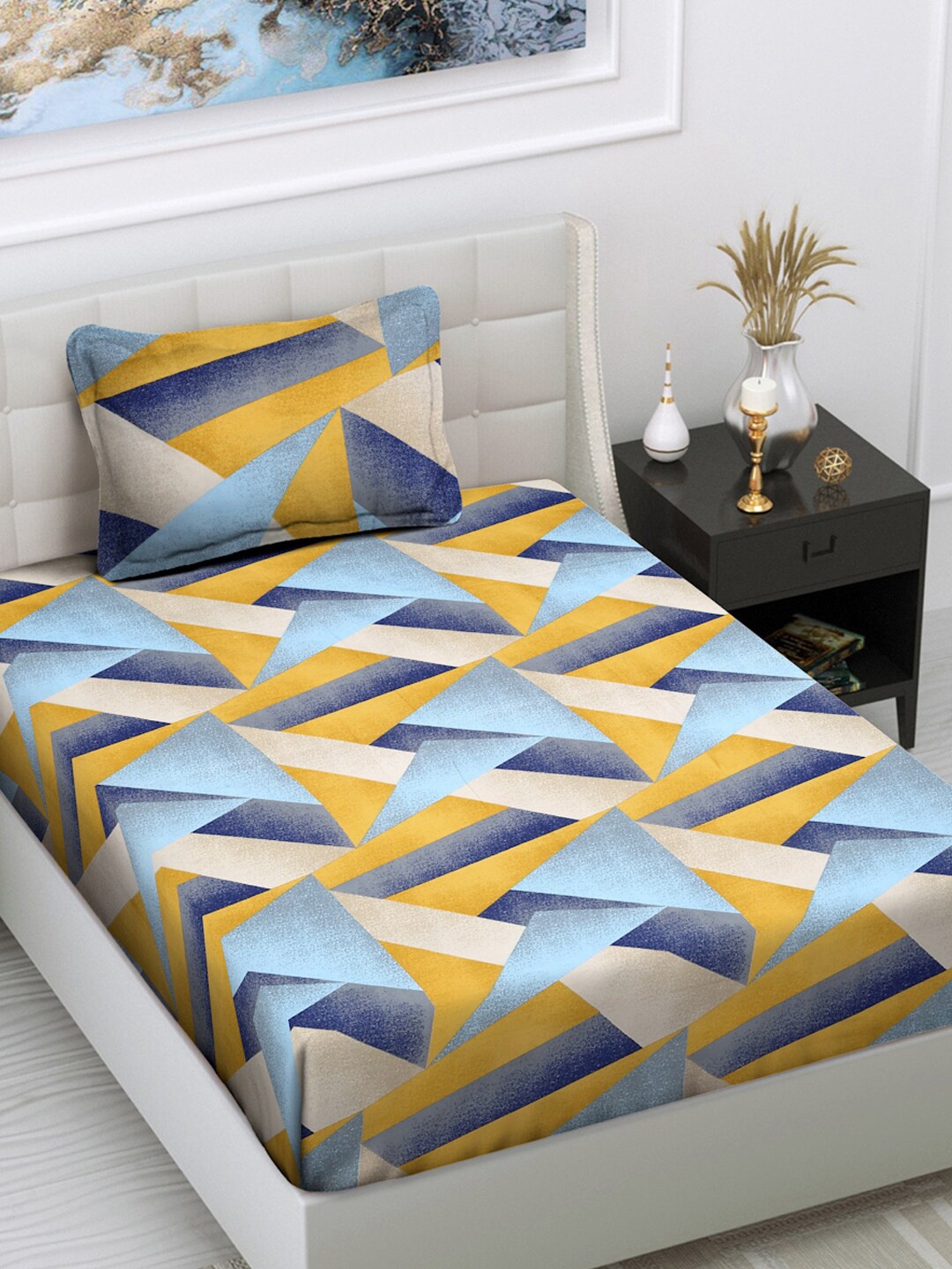 

FABINALIV Yellow & Blue Geometric 300 TC Single Bedsheet With 1 Pillow Cover