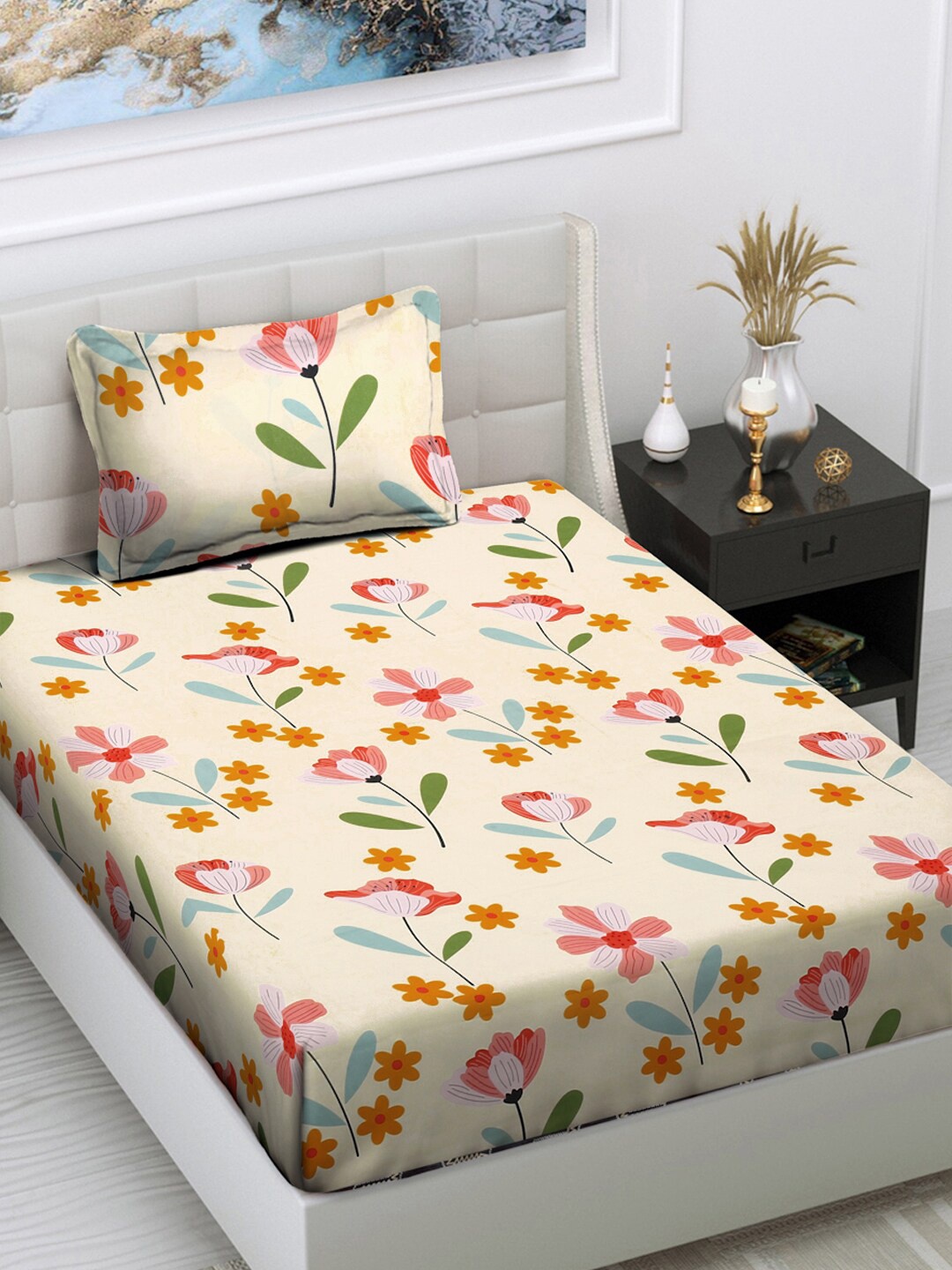 

FABINALIV Off White & Pink Floral 300 TC Single Bedsheet with 1 Pillow Cover