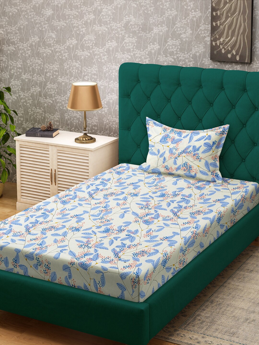 

FABINALIV Cream & Blue Floral 300 TC Single Bedsheet With 1 Pillow Cover