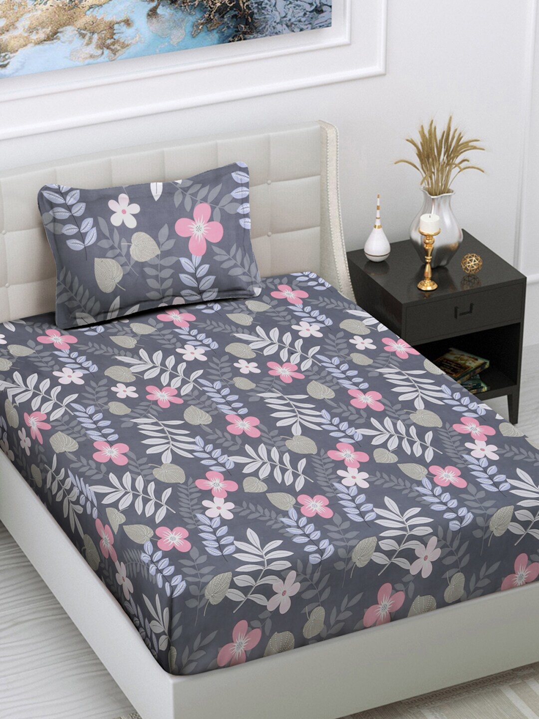 

FABINALIV Grey Floral Cotton 300 TC Single Bedsheet With 1 Pillow Cover