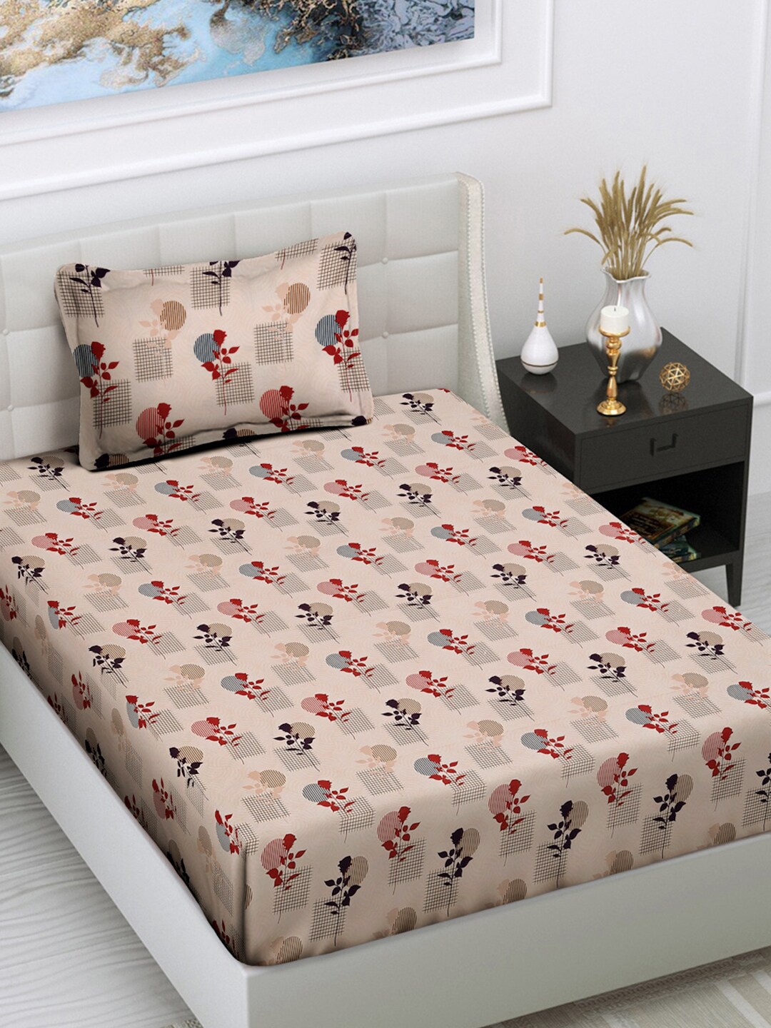 

FABINALIV Beige Floral 300 TC Single Bedsheet with 1 Pillow Cover