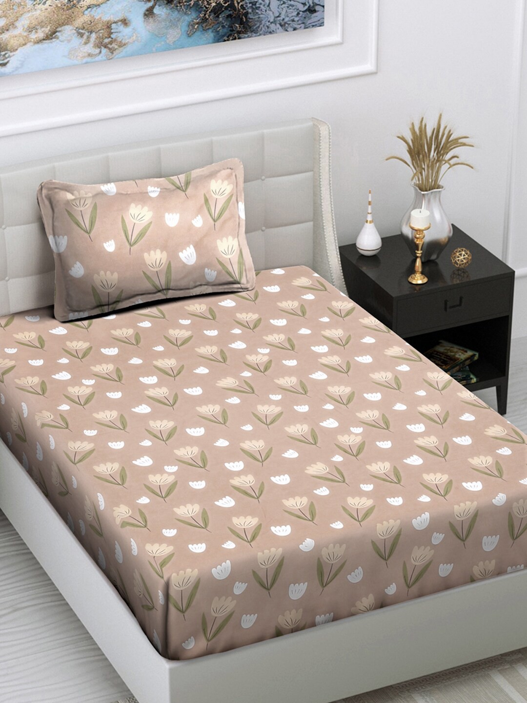 

FABINALIV Brown Floral 300 TC Single Bedsheet With 1 Pillow Cover