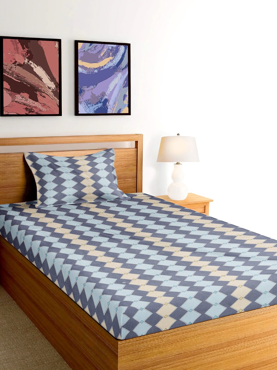 

FABINALIV Navy Blue Geometric 300 TC Single Bedsheet with 1 Pillow Cover