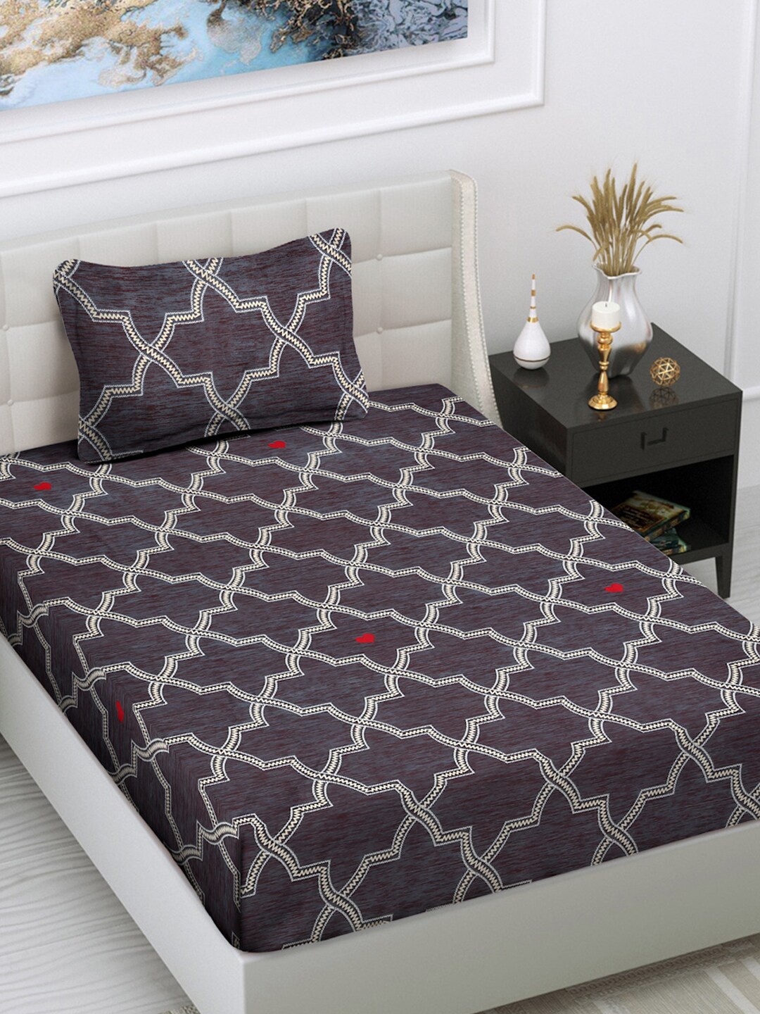 

FABINALIV Brown & Beige Geometric 300 TC Single Bedsheet with 1 Pillow Cover