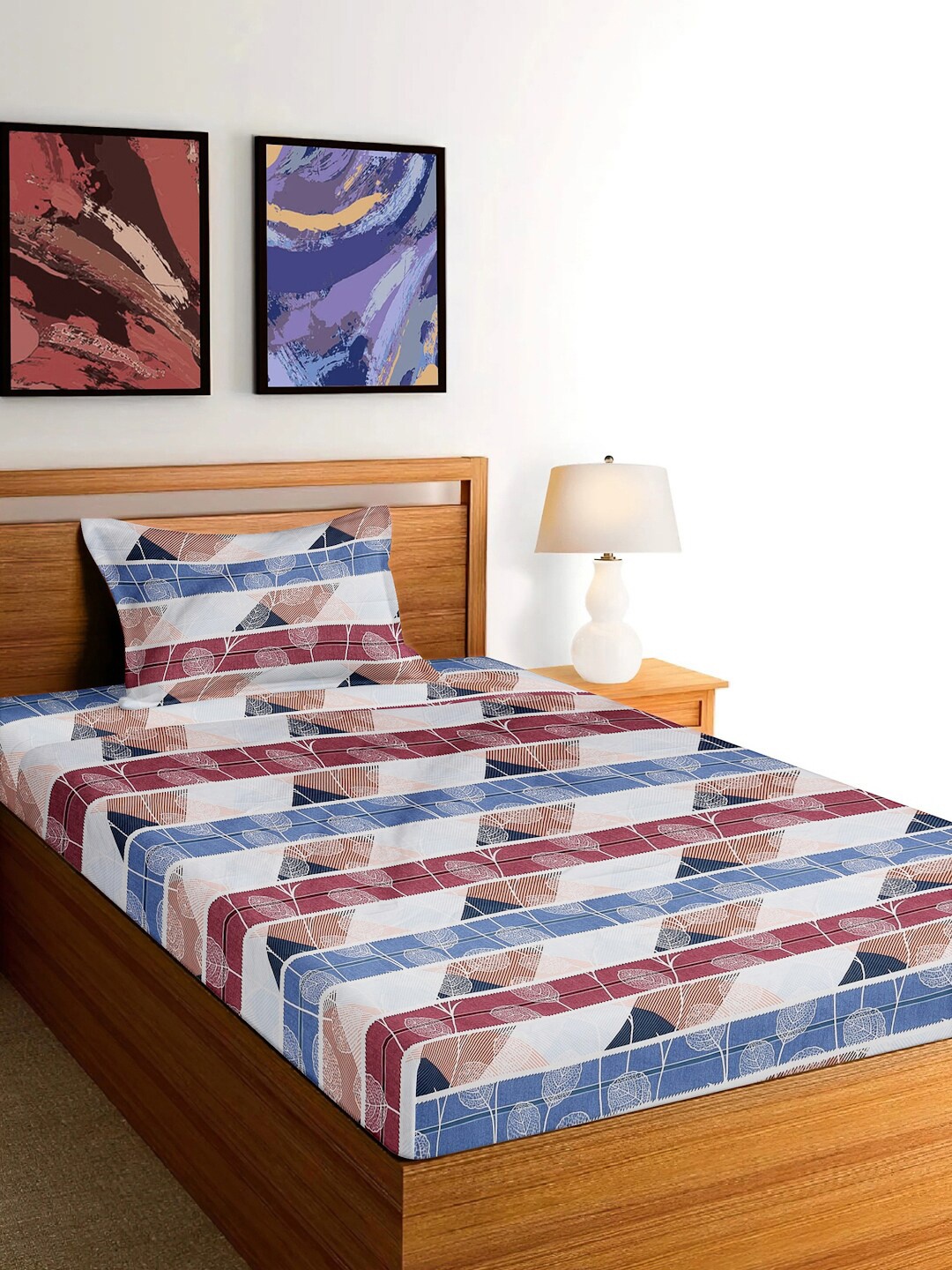 

FABINALIV Red & Blue Polycotton 300 TC Floral Single Bedsheet with 1 Pillow Cover