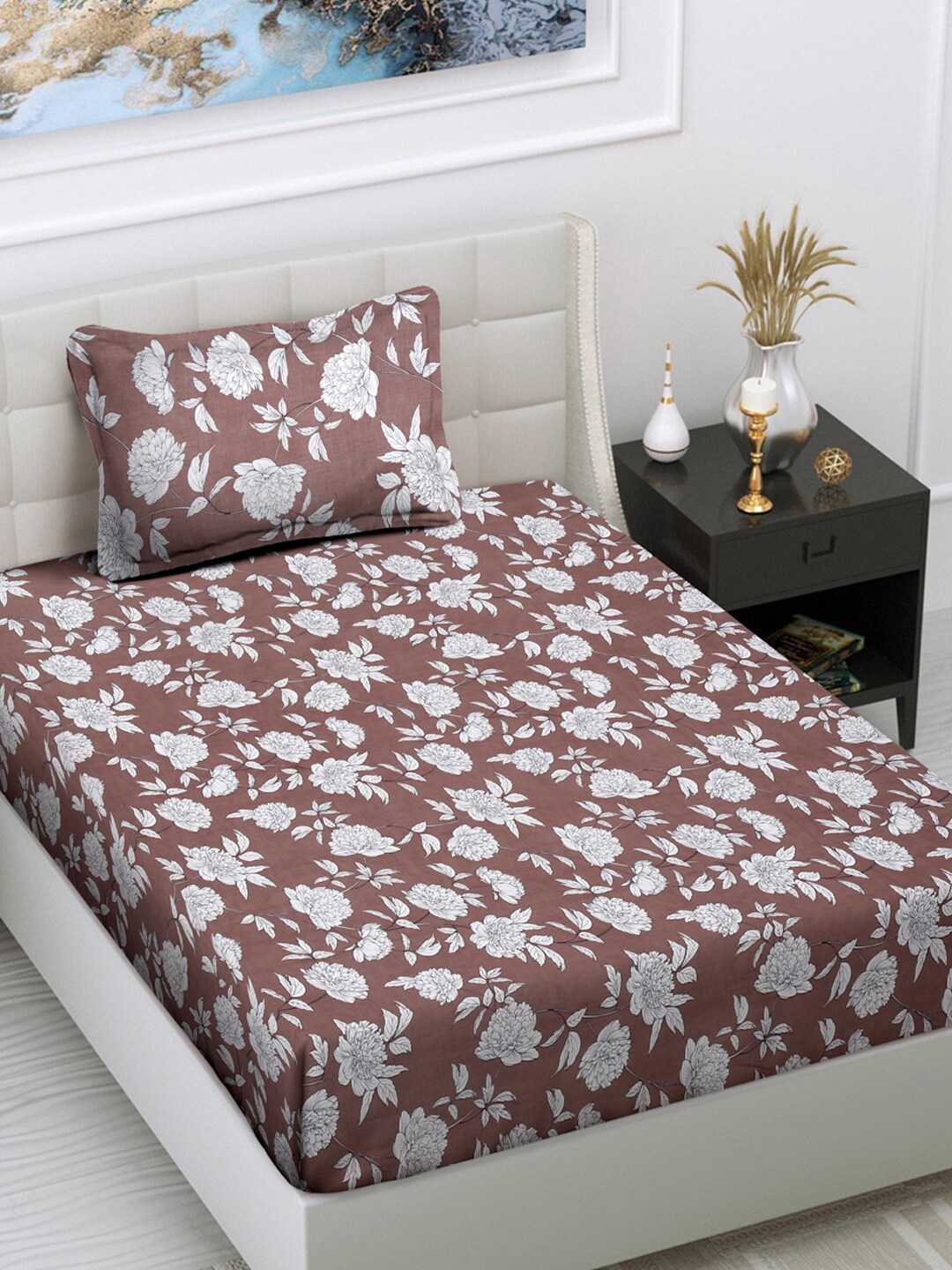 

FABINALIV Brown White Floral Cotton 300 TC Single Bedsheet with 1 Pillow Cover