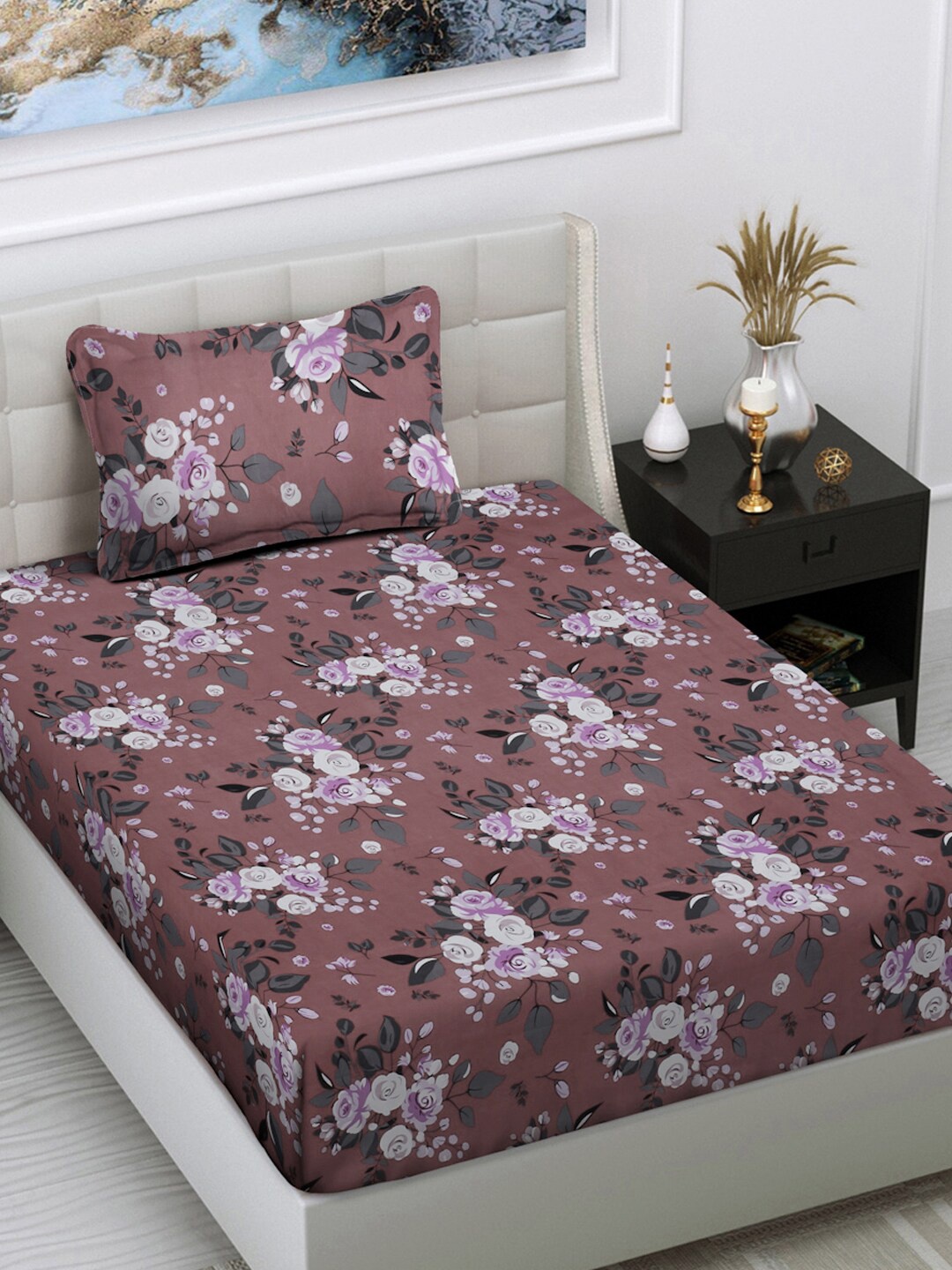 

FABINALIV Brown Floral 300 TC Single Bedsheet with 1 Pillow Cover