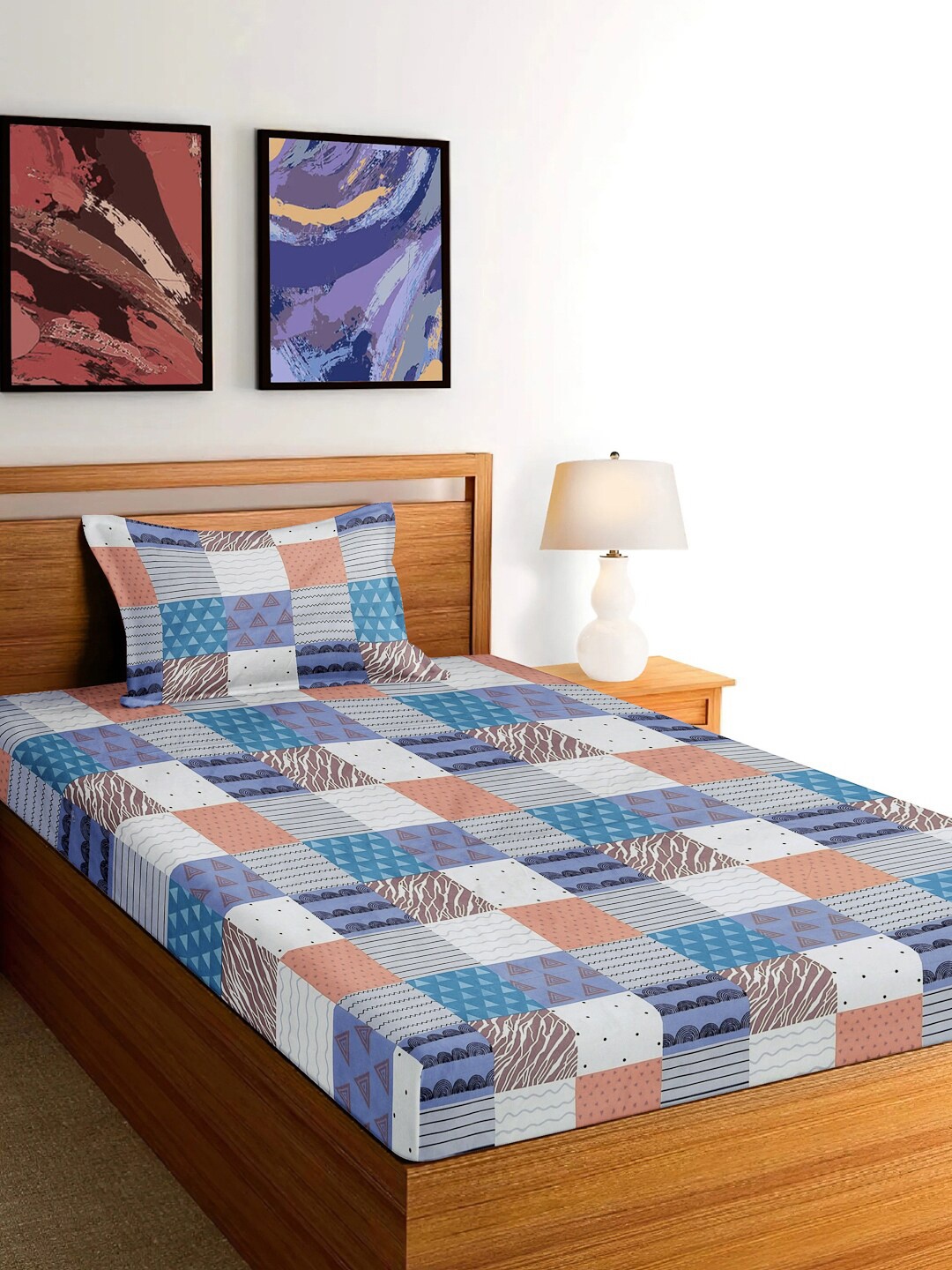 

FABINALIV White Brown Geometric Cotton 300 TC Single Bedsheet with 1 Pillow Cover