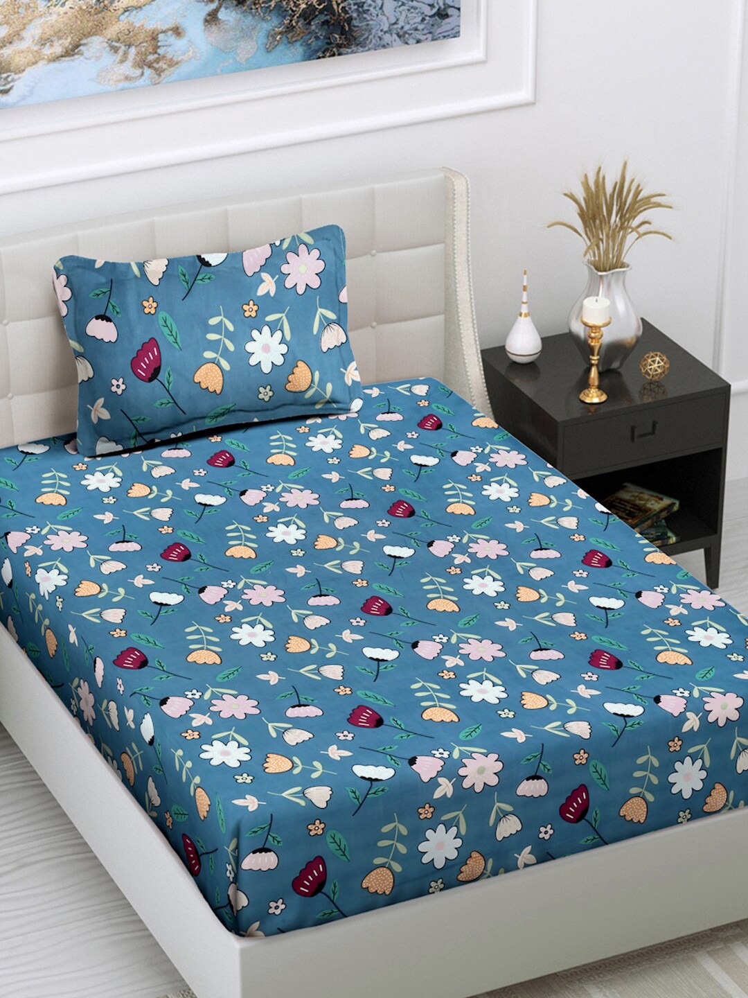 

FABINALIV Blue & White Floral 300 TC Single Bedsheet With 1 Pillow Cover