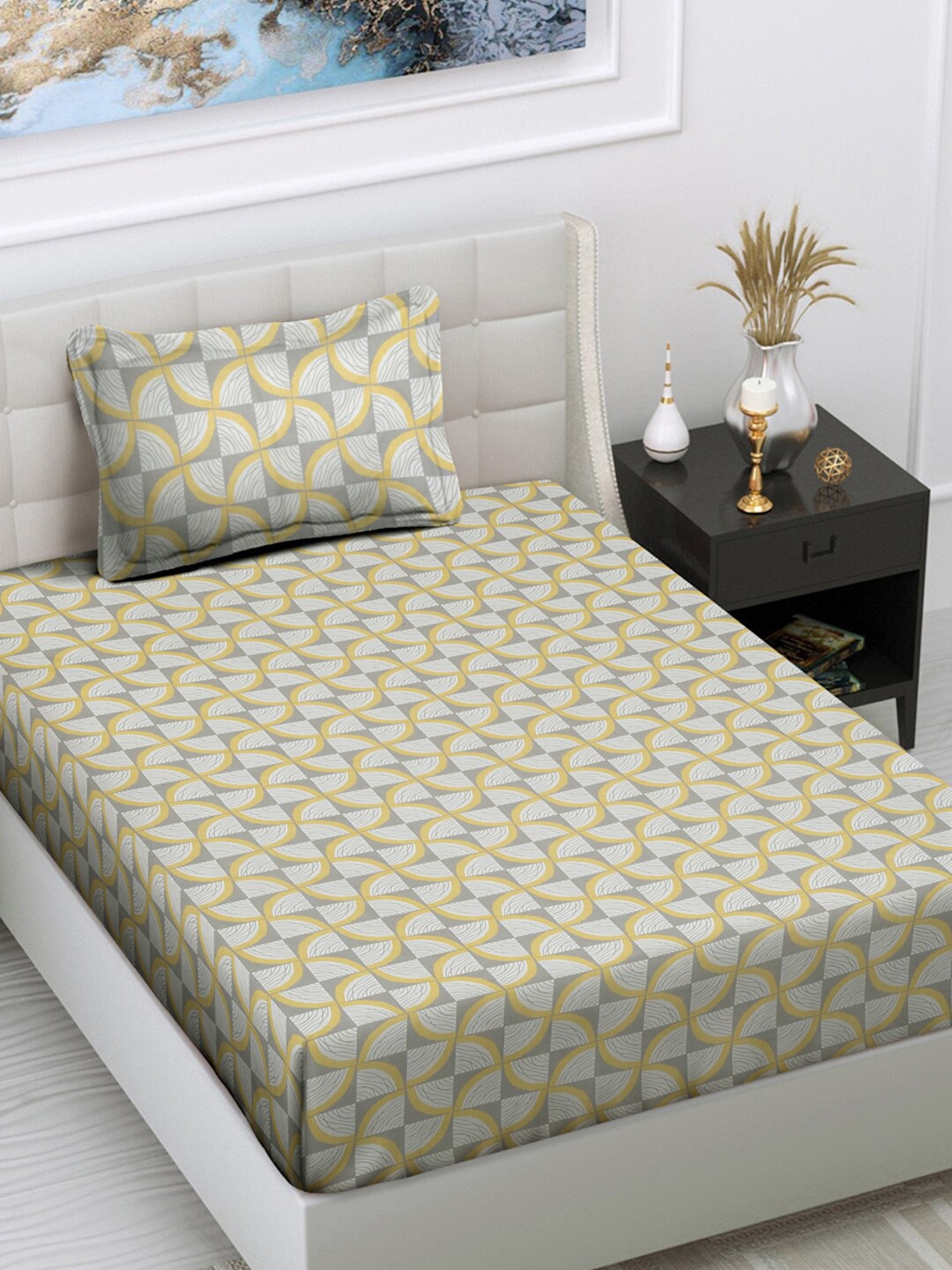 

FABINALIV Yellow & Grey Geometric 300 TC Single Bedsheet with 1 Pillow Cover