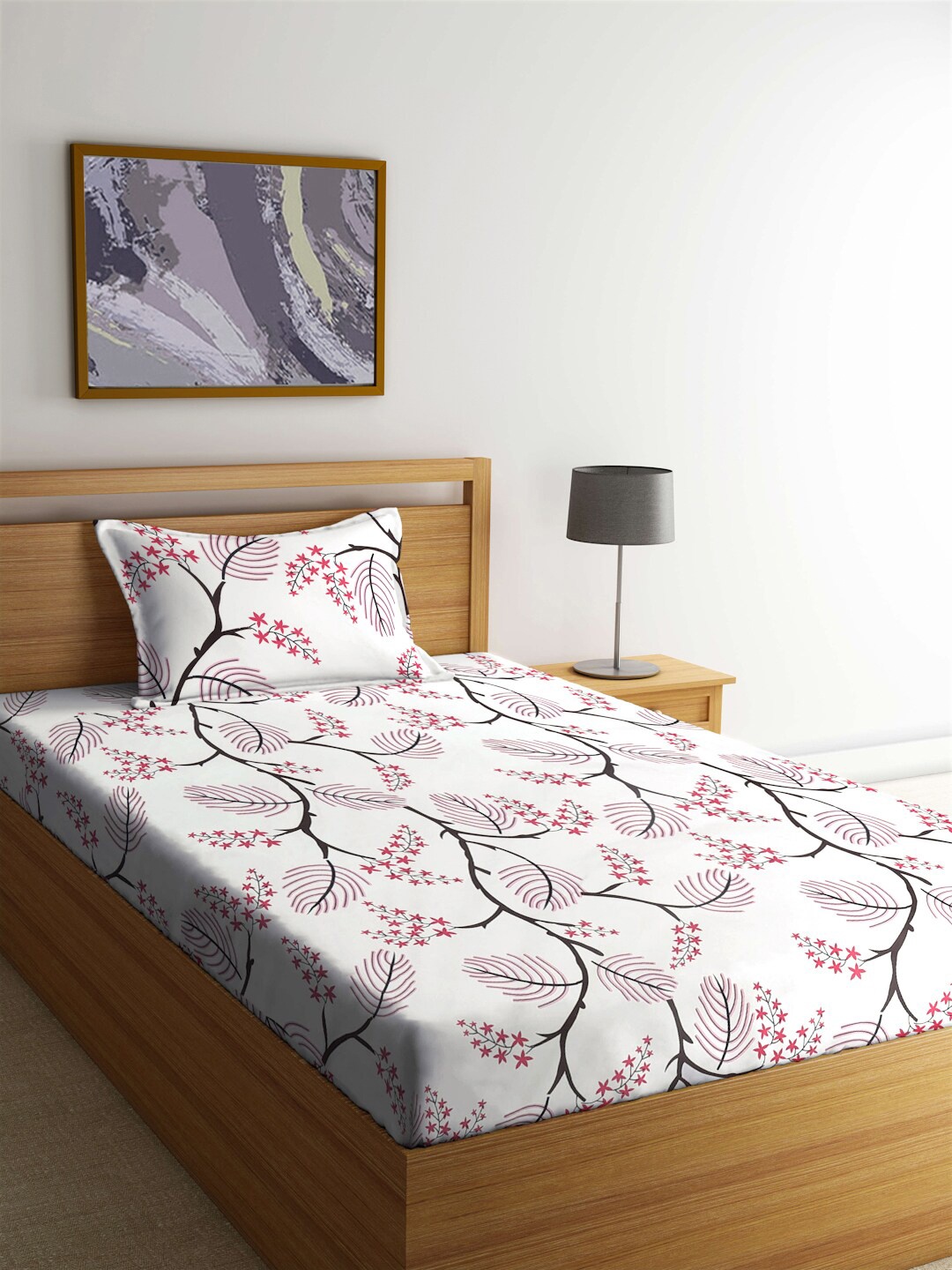 

FABINALIV White Floral Cotton 300 TC Single Bedsheet with 1 Pillow Cover