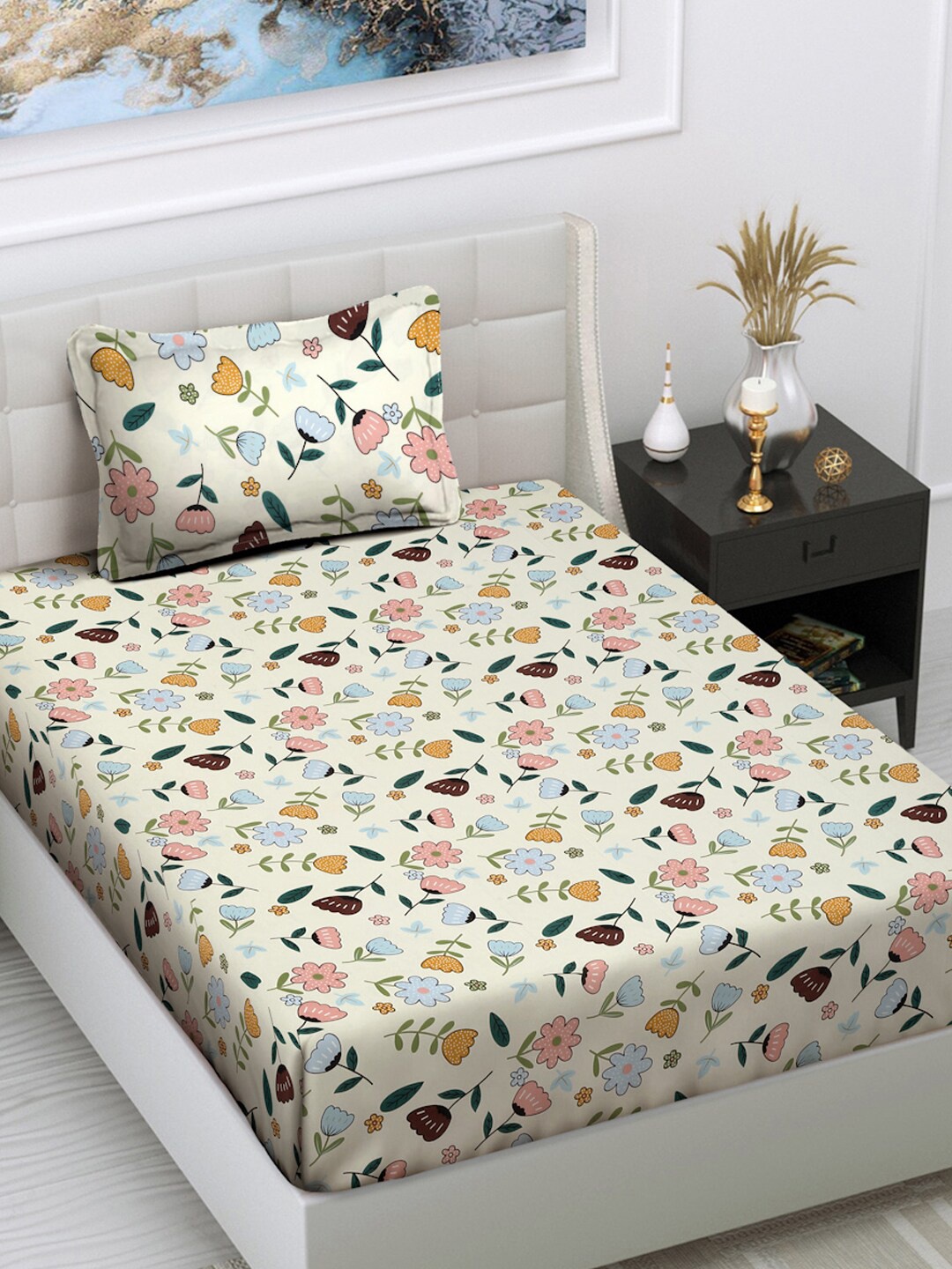 

FABINALIV Beige Floral Cotton 300 TC Single Bedsheet With 1 Pillow Cover