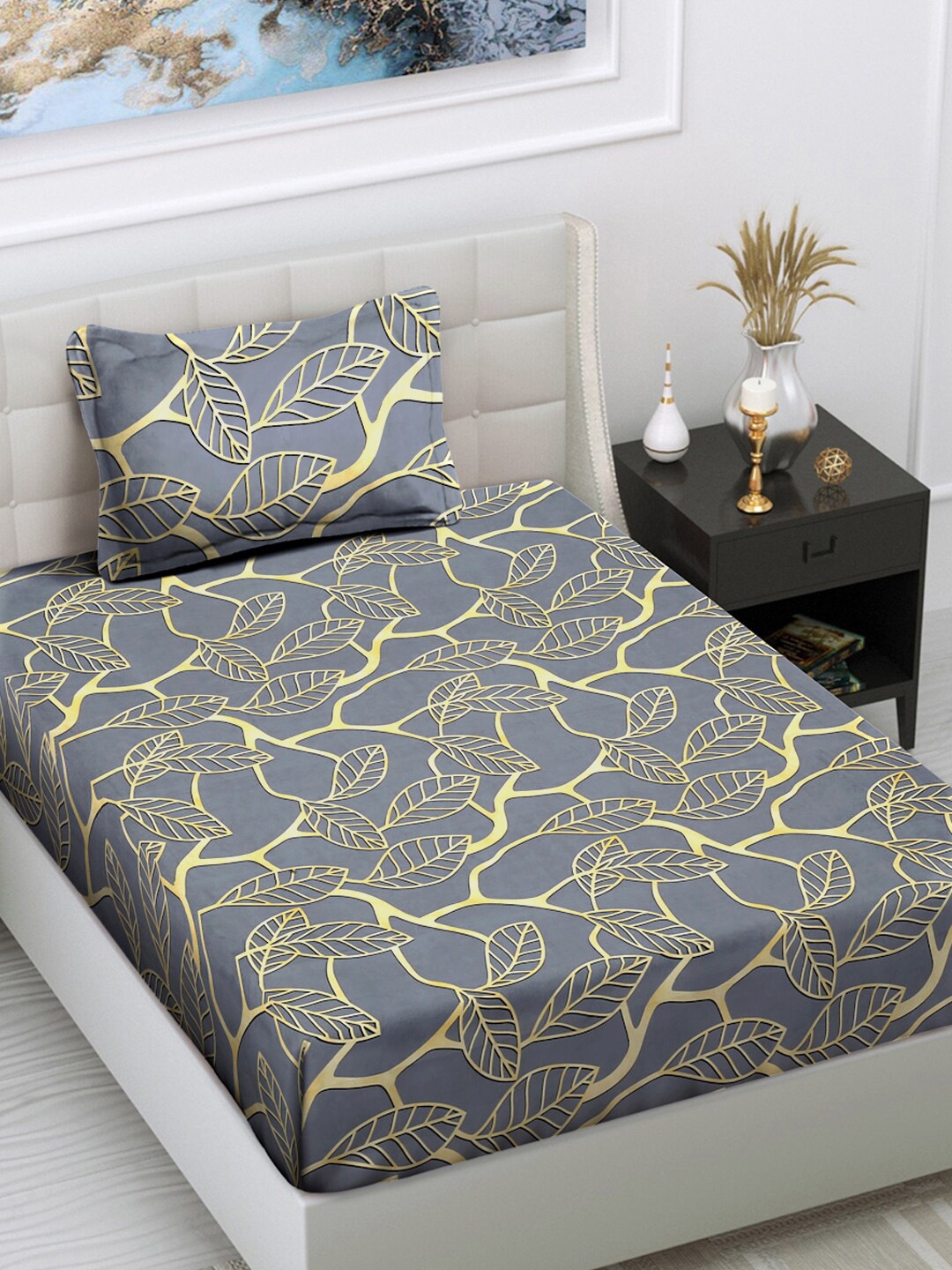 

FABINALIV Grey & Yellow Floral 300 TC Single Bedsheet with 1 Pillow Cover