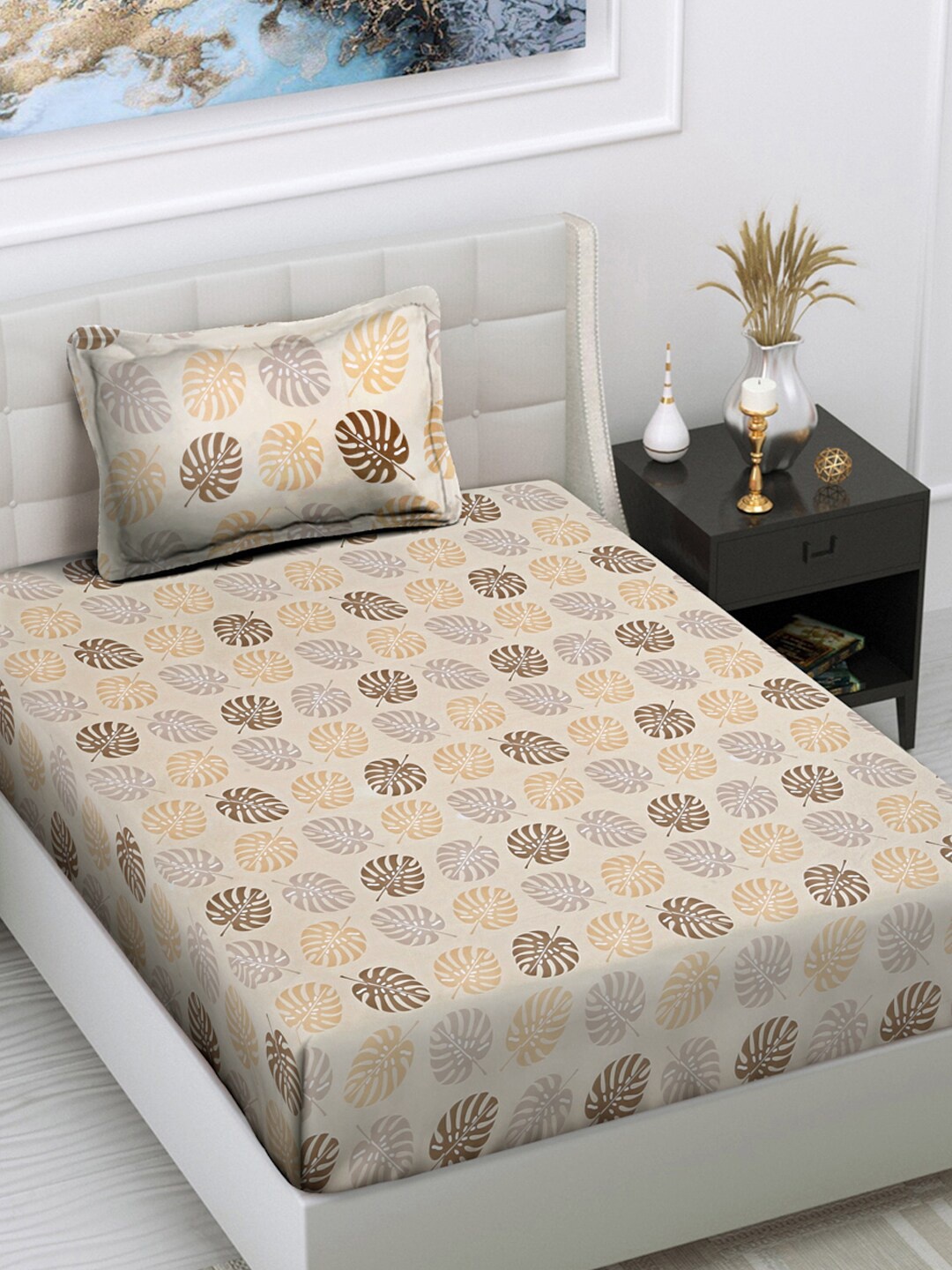 

FABINALIV Beige Floral 300 TC Single Bedsheet with 1 Pillow Cover