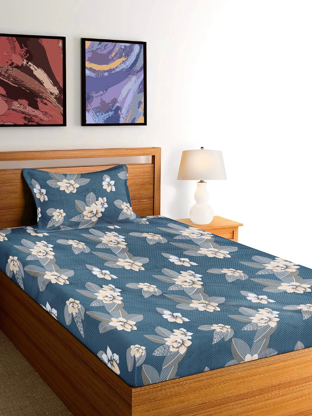 

FABINALIV Blue Floral Cotton 300 TC Single Bedsheet with 1 Pillow Cover