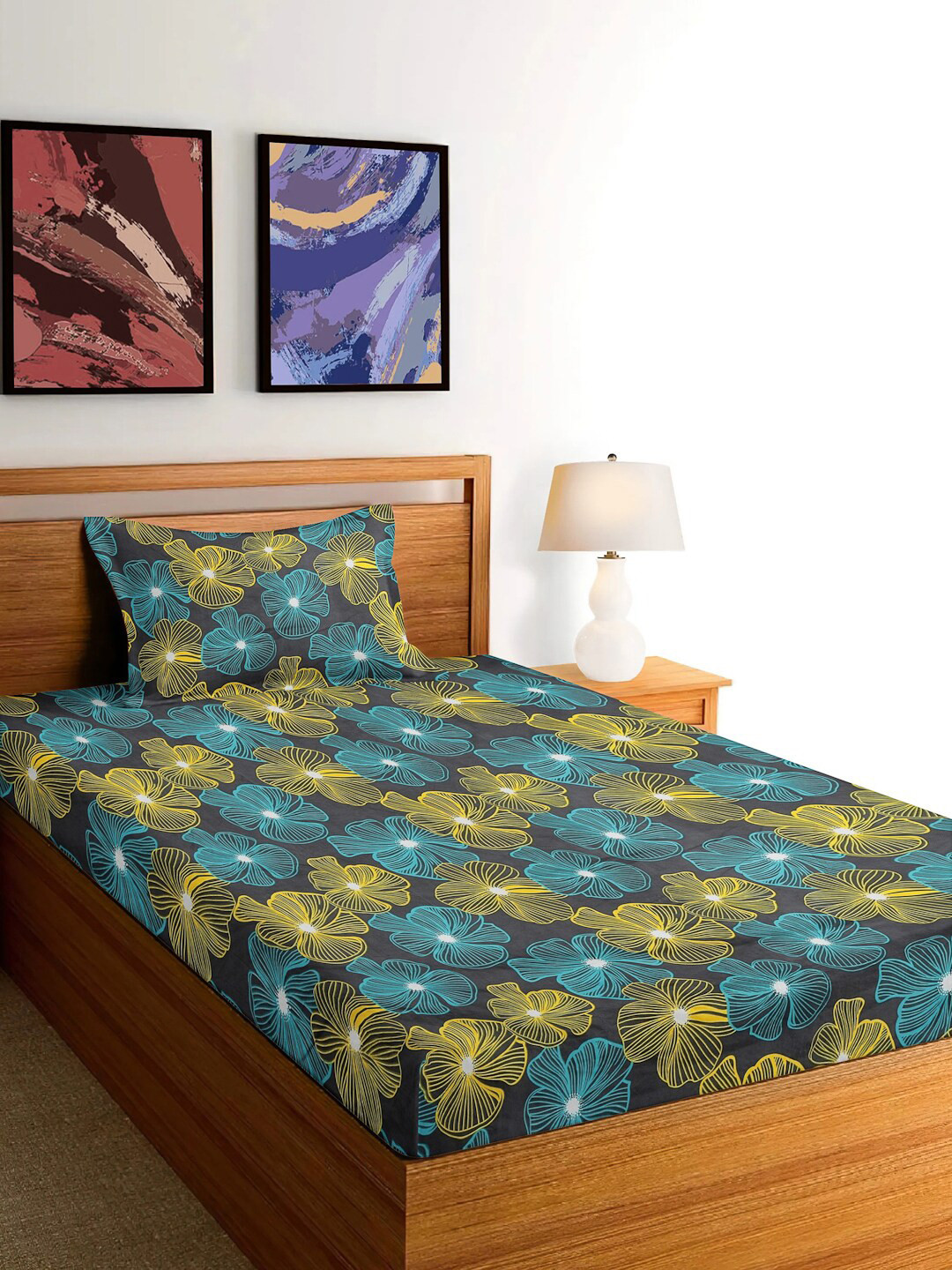 

FABINALIV Navy Blue Floral 300 TC Single Bedsheet with 1 Pillow Cover