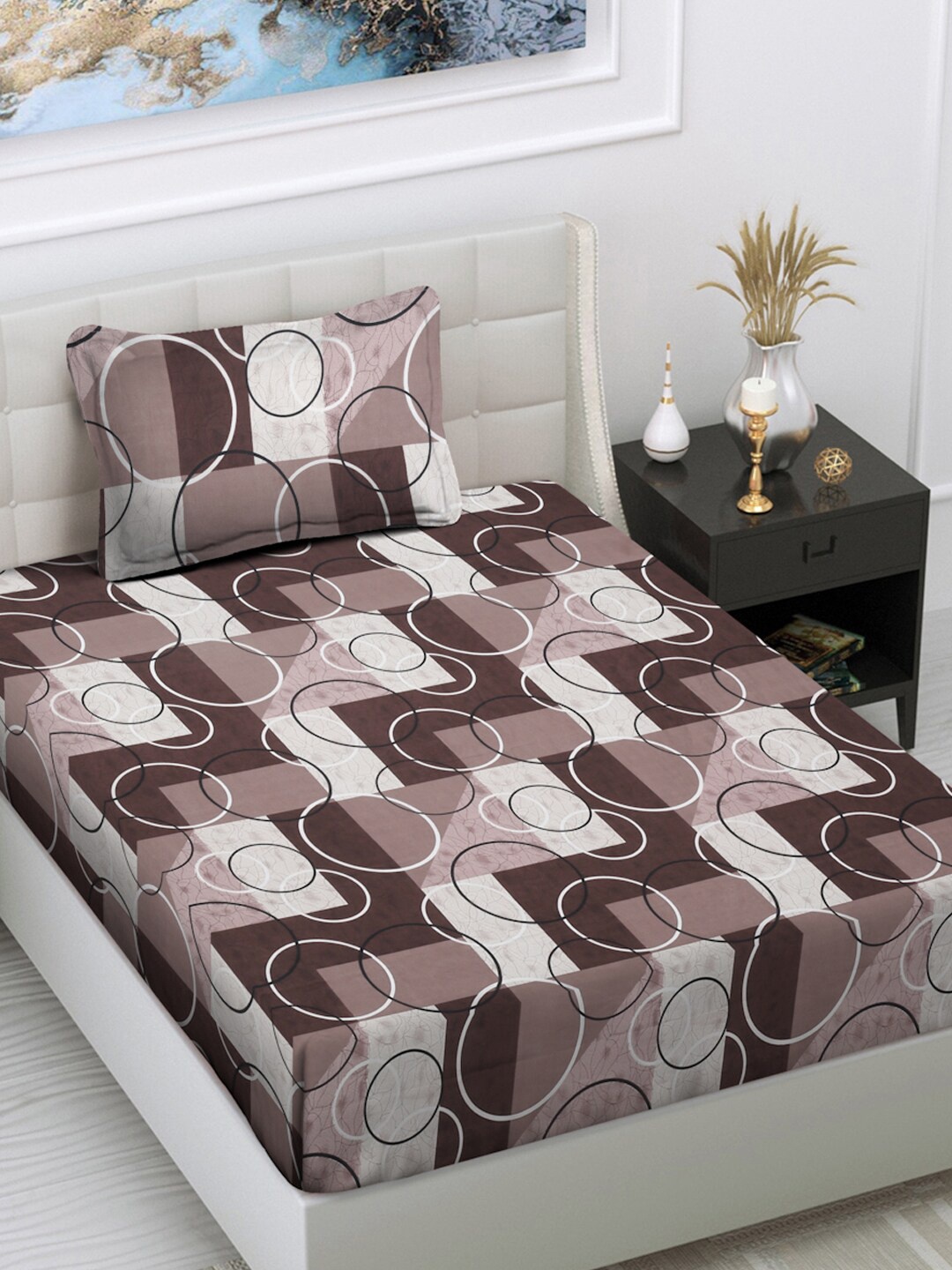

FABINALIV Brown & Beige cotton 300 TC Geometric Single Bedsheet with 1 Pillow Cover