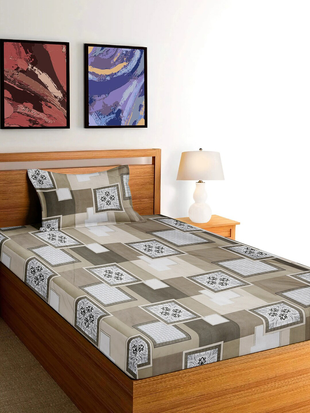 

FABINALIV Brown White Geometric Cotton 300 TC Single Bedsheet With 1 Pillow Cover