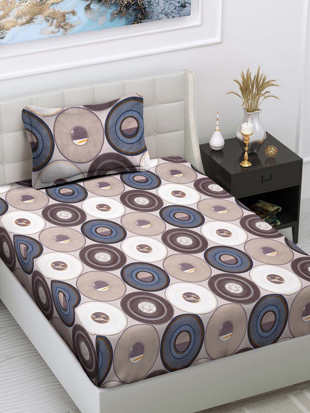 

FABINALIV Cream Geometric Cotton 300 TC Single Bedsheet with 1 Pillow Cover