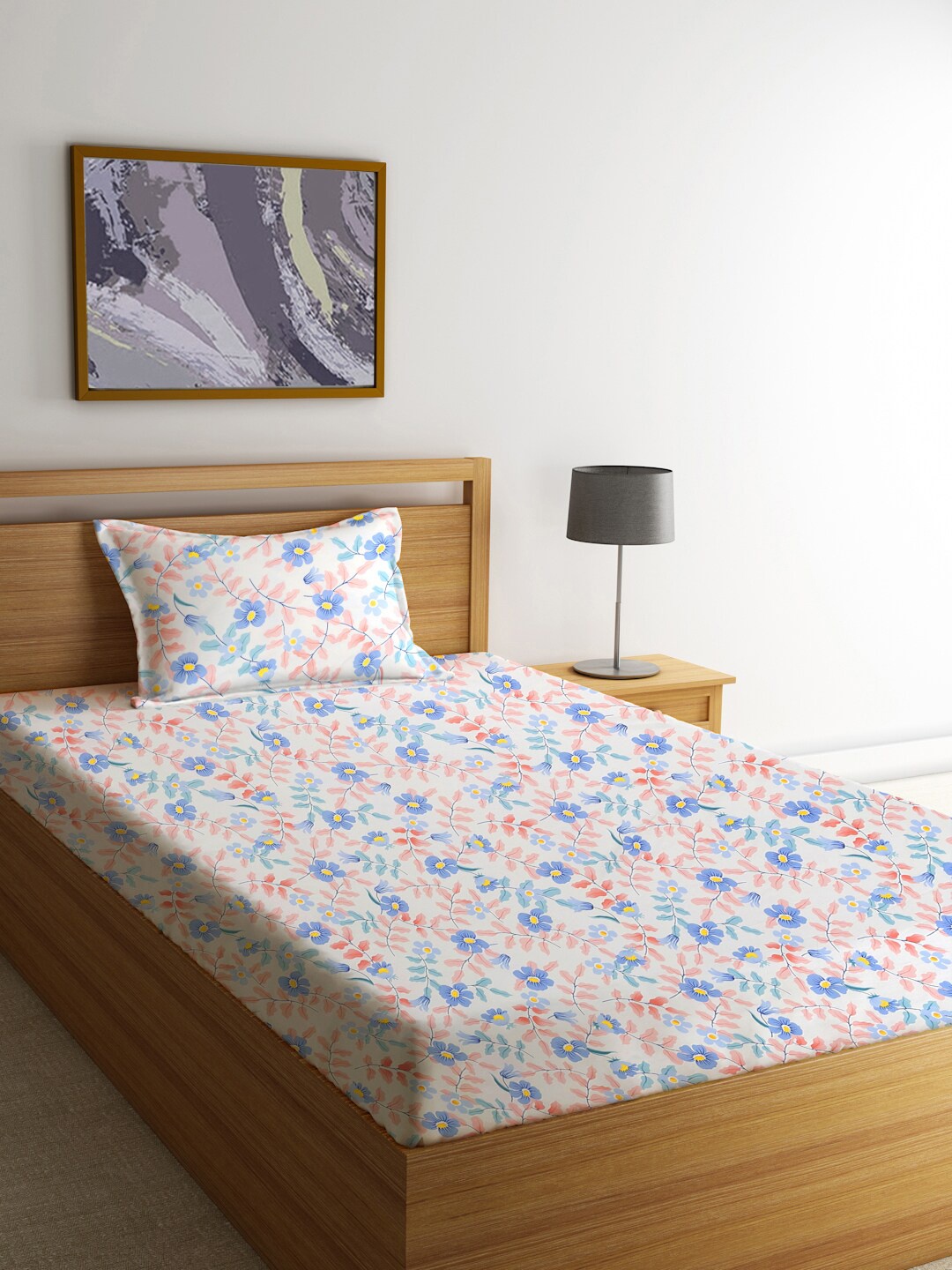 

FABINALIV White Floral 300 TC Single Bedsheet with 1 Pillow Cover