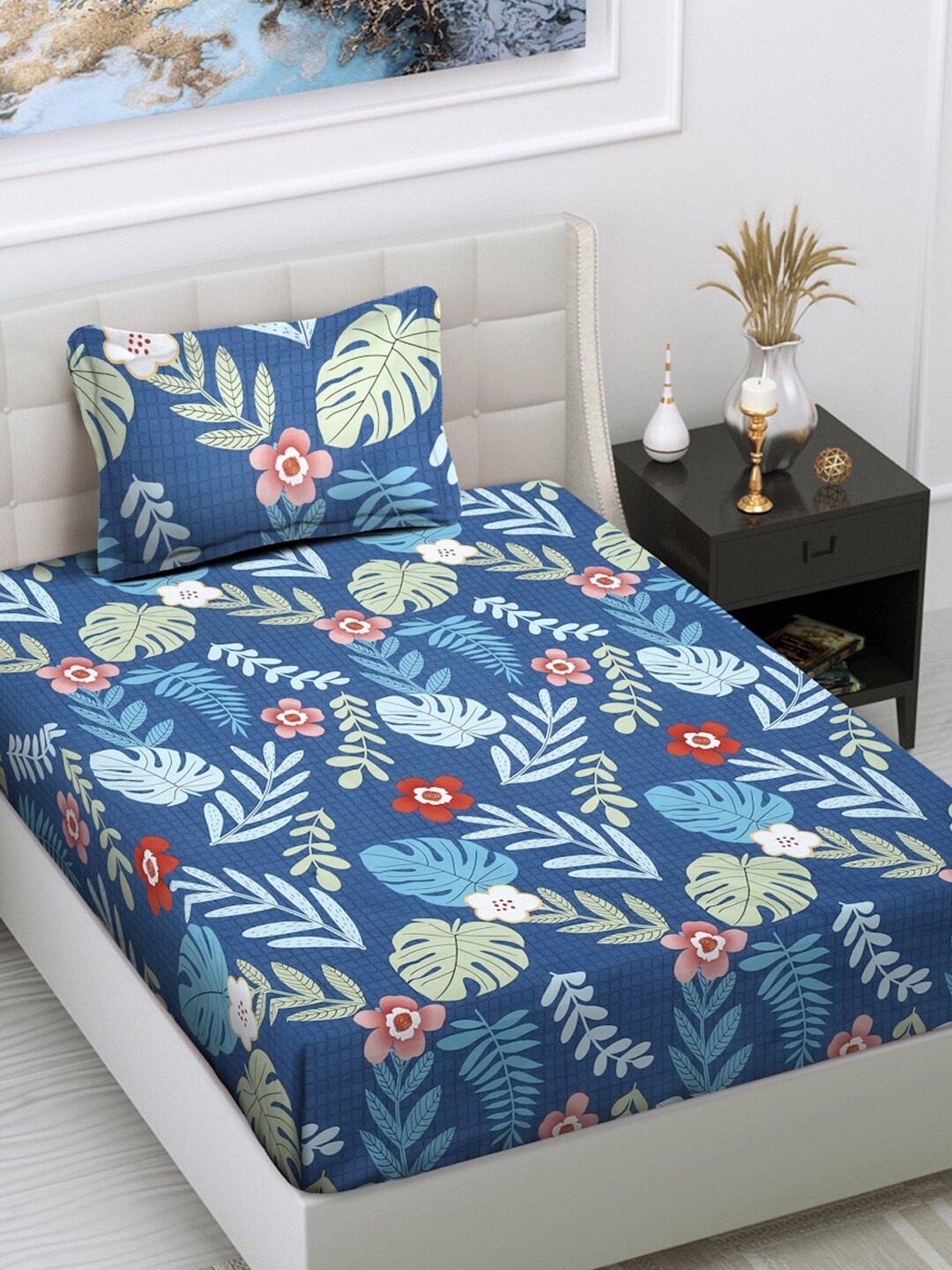 

FABINALIV Blue Floral 300 TC Single Bedsheet with 1 Pillow Cover