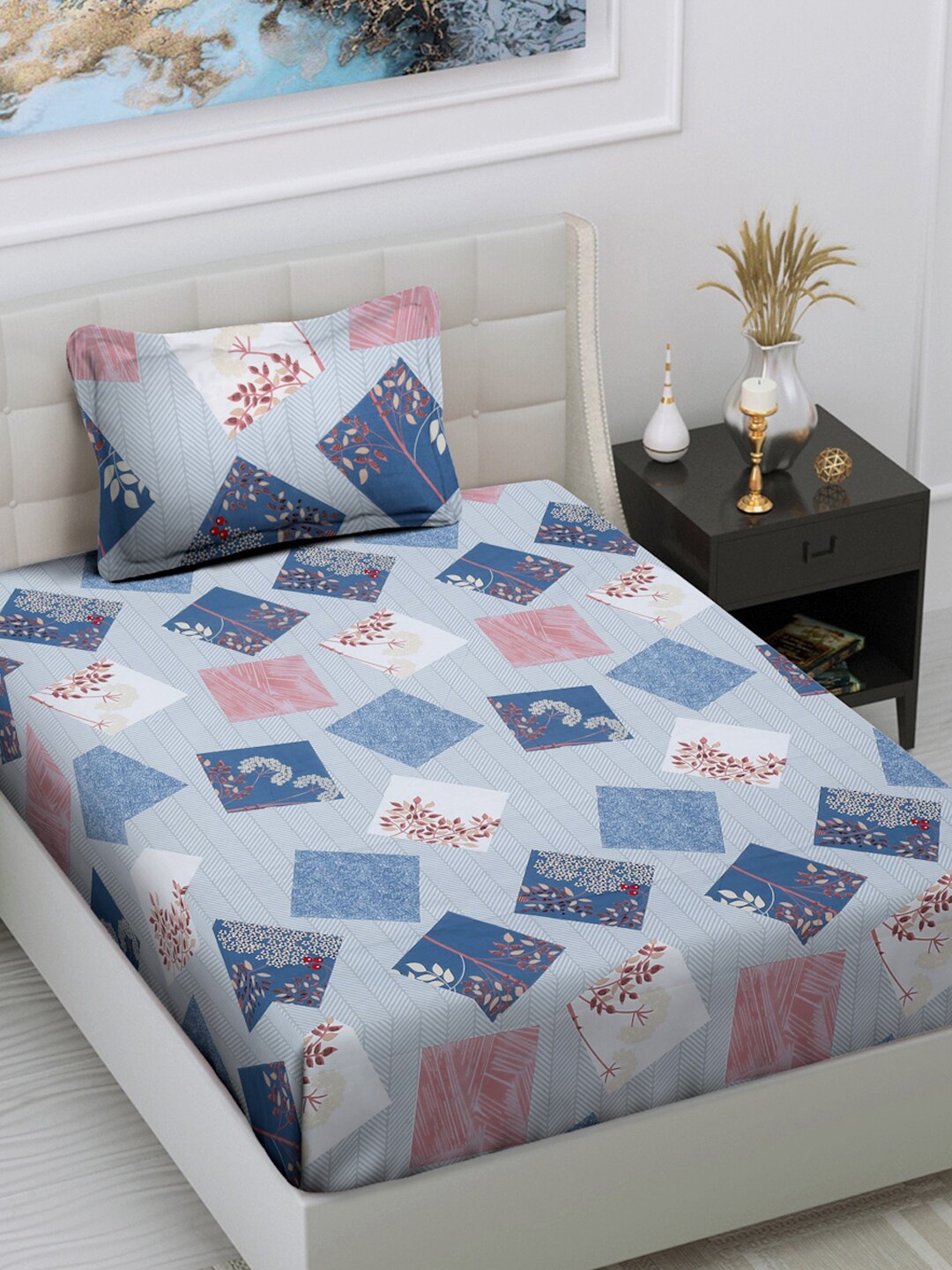 FABINALIV Blue & Pink Geometric 300 TC Single Bedsheet with Pillow Cover