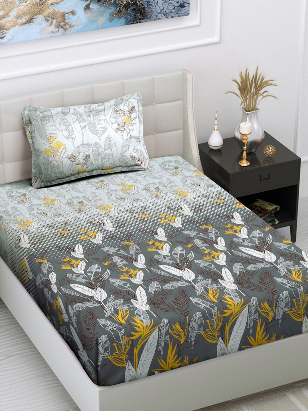 FABINALIV Grey White Floral Cotton 300 TC Single Bedsheet with 1 Pillow Cover