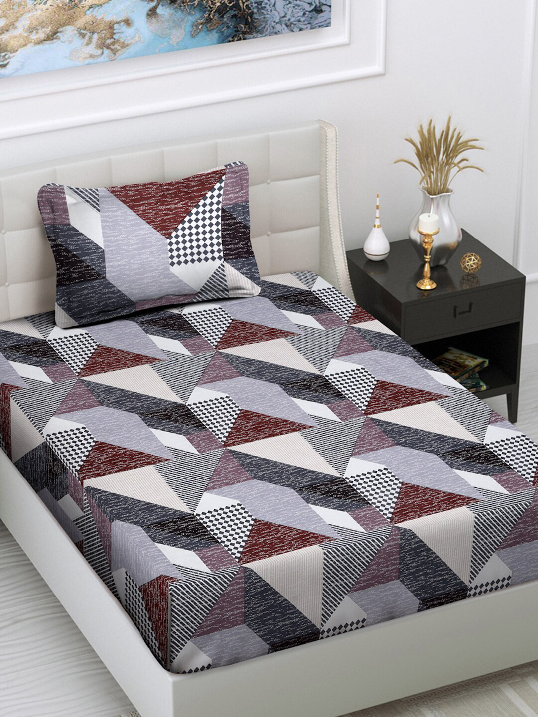 

FABINALIV Grey Geometric 300 TC Single Bedsheet with 1 Pillow Cover