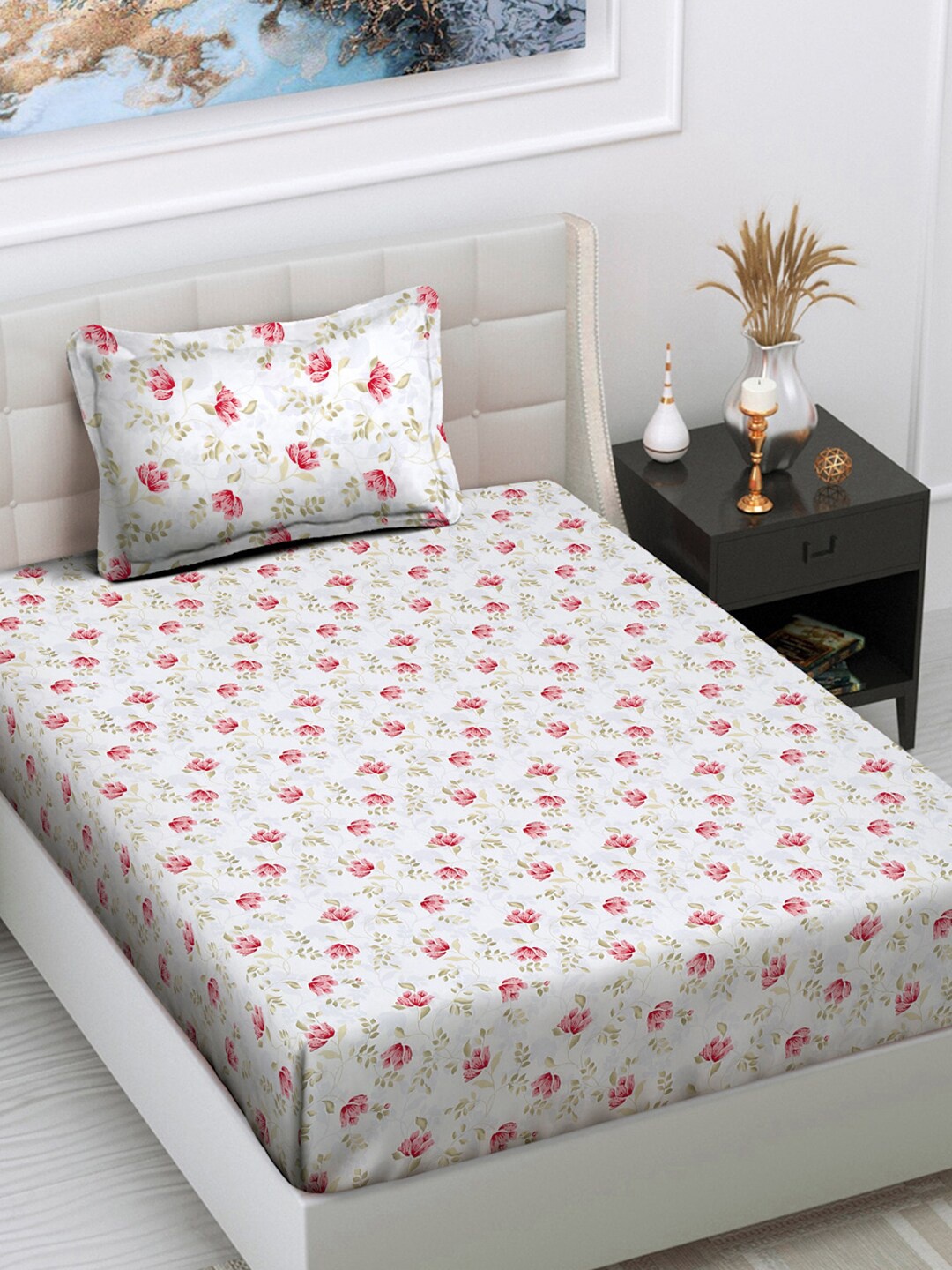 

FABINALIV White Floral Cotton 300 TC Single Bedsheet with 1 Pillow Cover