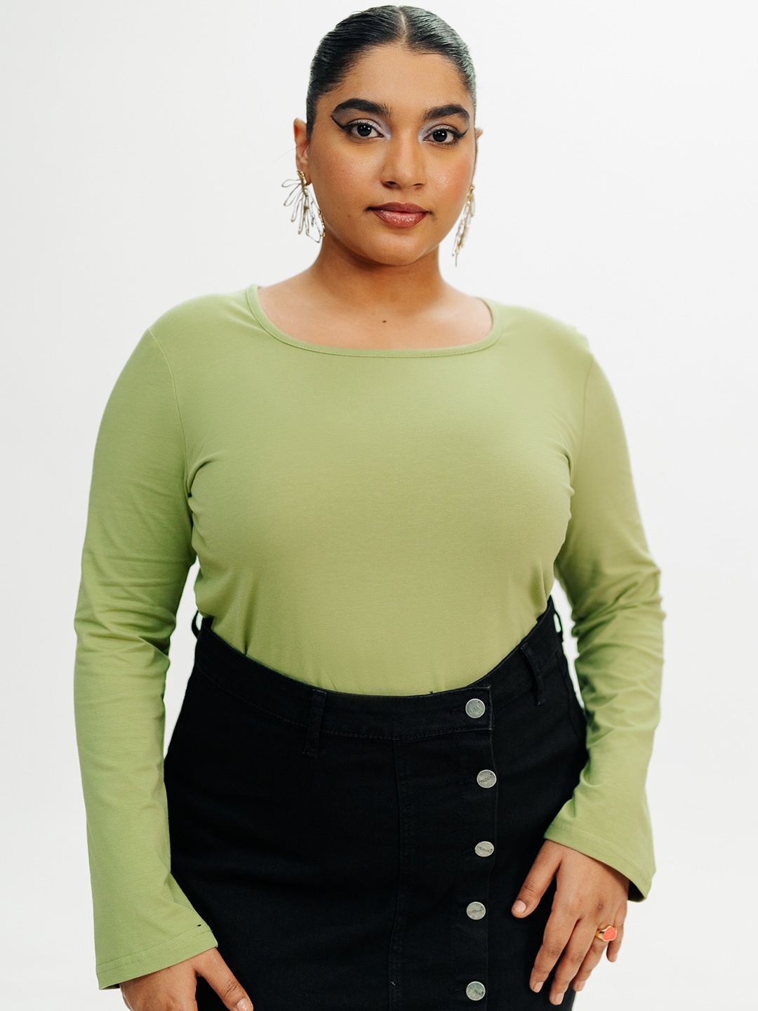 

FREAKINS Plus Size Long Sleeves Fitted Top, Green