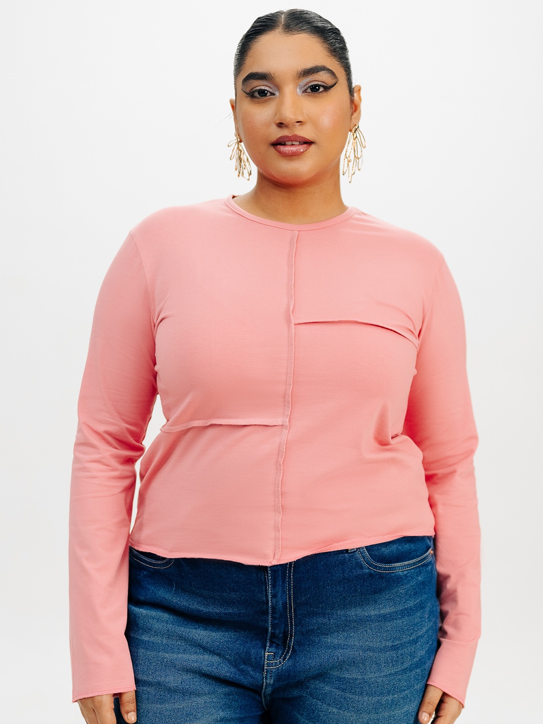 

FREAKINS Plus Size Long Sleeves Fitted Top, Pink
