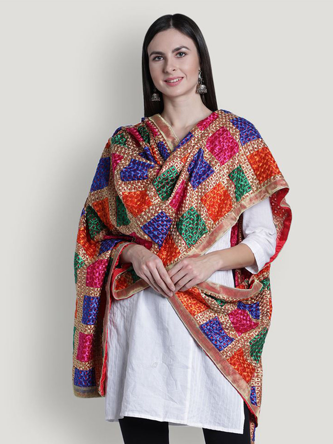 

Moda Chales Checked Embroidered Chiffon Dupatta With Phulkari, Blue