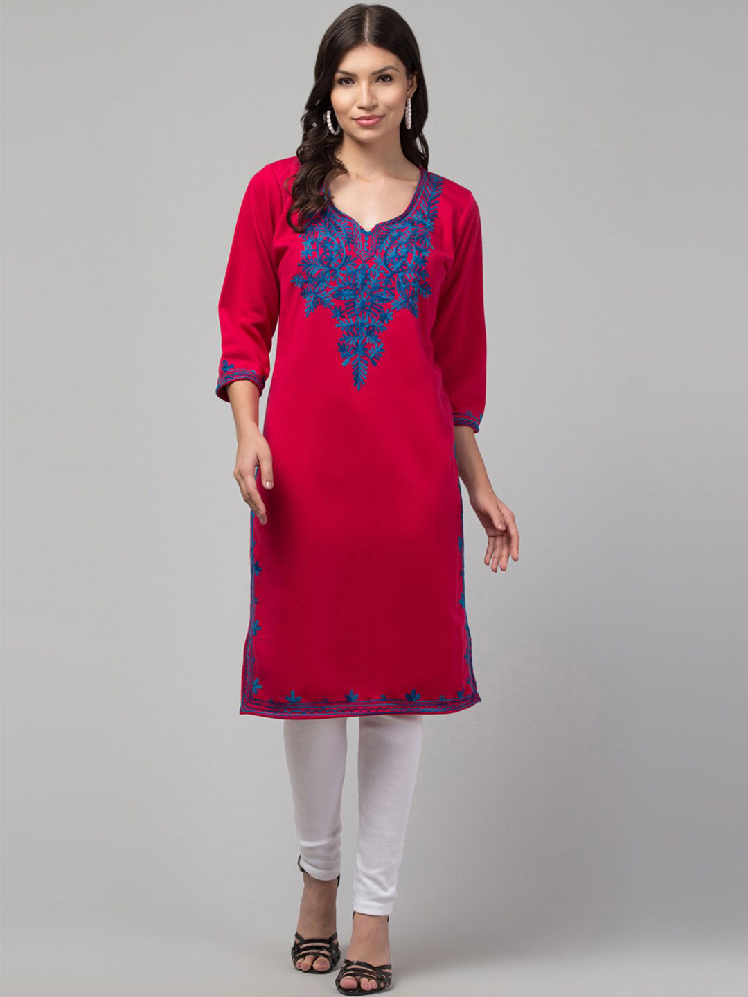 

Trend Level Ethnic Motifs Embroidered Thread Work Woollen Straight Kurta, Pink