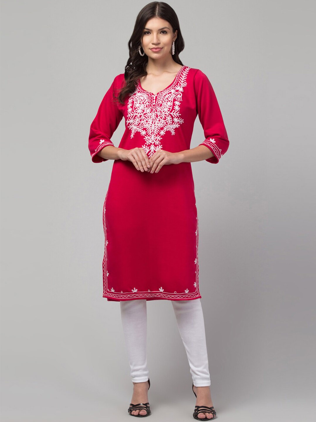 

Trend Level Floral Yoke Design Thread Work Woolen Straight Kurta, Pink