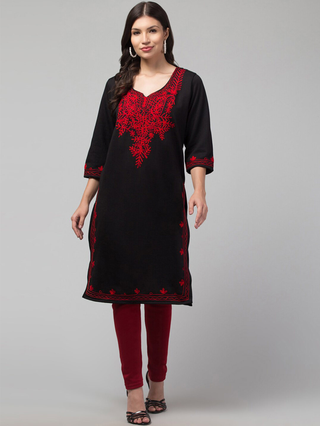 

Trend Level Floral Embroidered Woolen Straight Kurta, Black