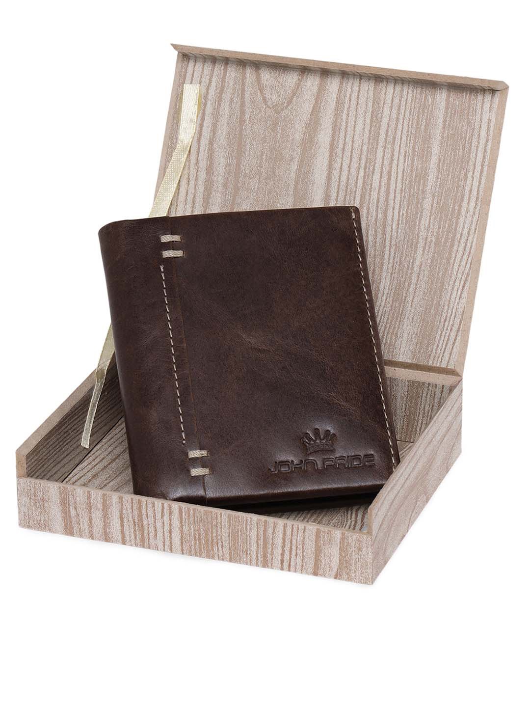 

John Pride Men Leather Two Fold Wallet, Coffee brown